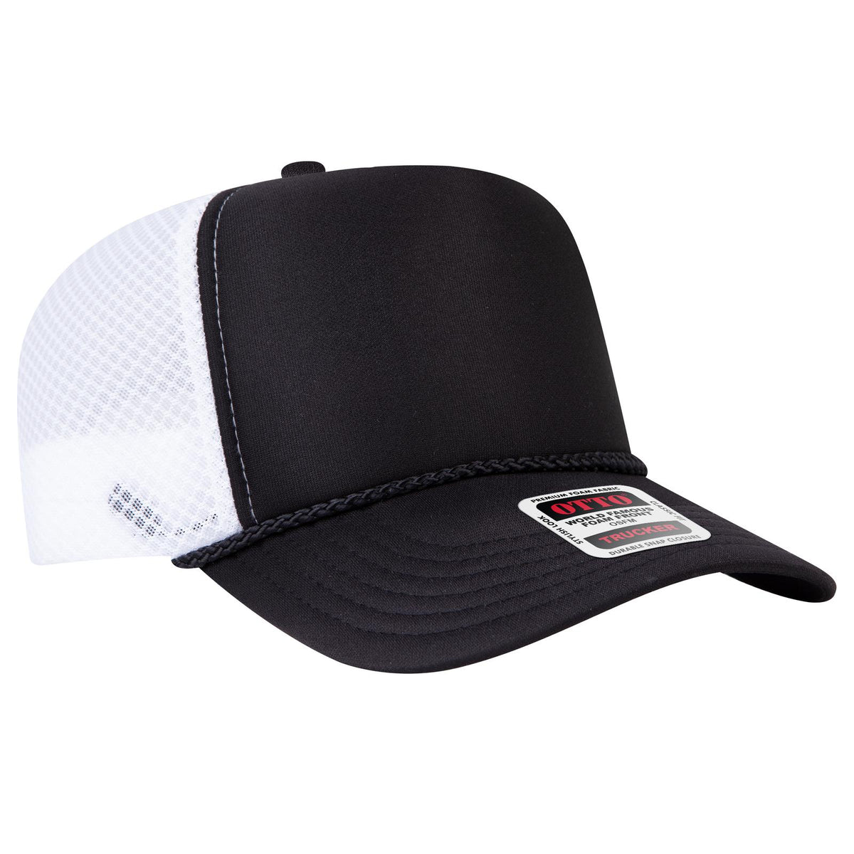 Right View of 030316C - Blk/Blk/Wht OTTO CAP 5 Panel High Crown Air Mesh Back Trucker Hat
