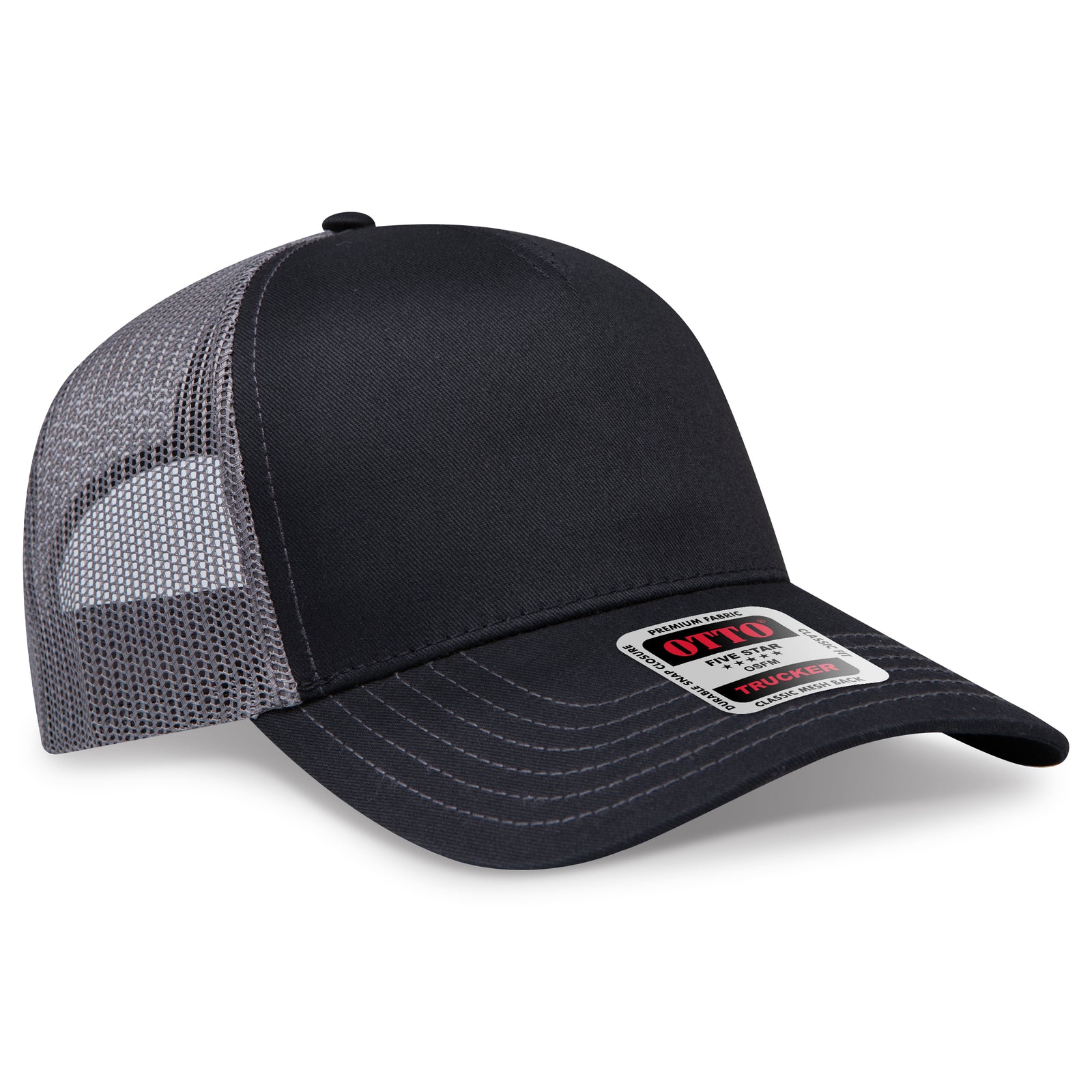 Front View of 030325 - Blk/Blk/Ch.Gry OTTO CAP 5 Panel Low Profile Mesh Back Trucker Hat