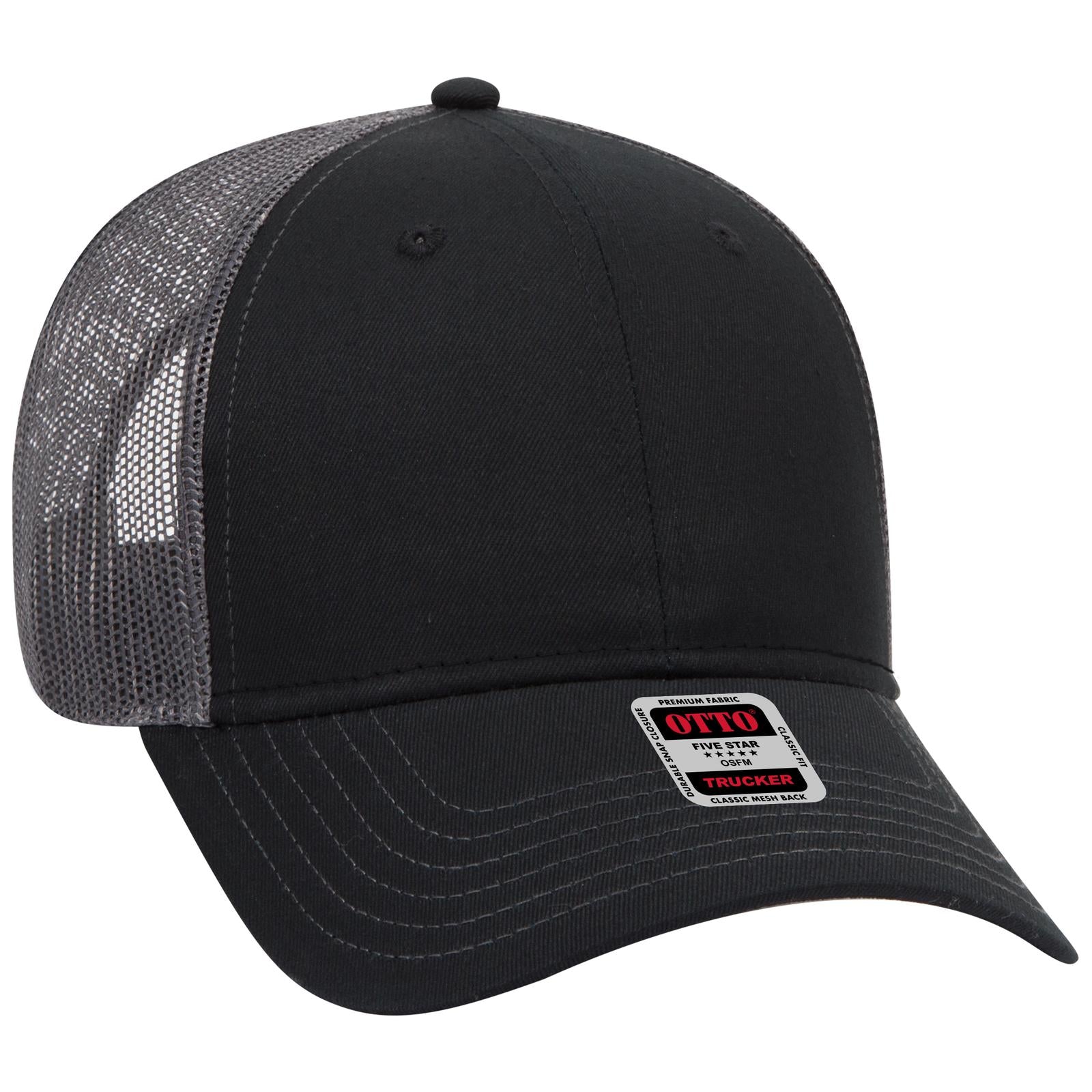 Front View of 030325 - Blk/Blk/Ch.Gry OTTO CAP 6 Panel Low Profile Mesh Back Trucker Hat