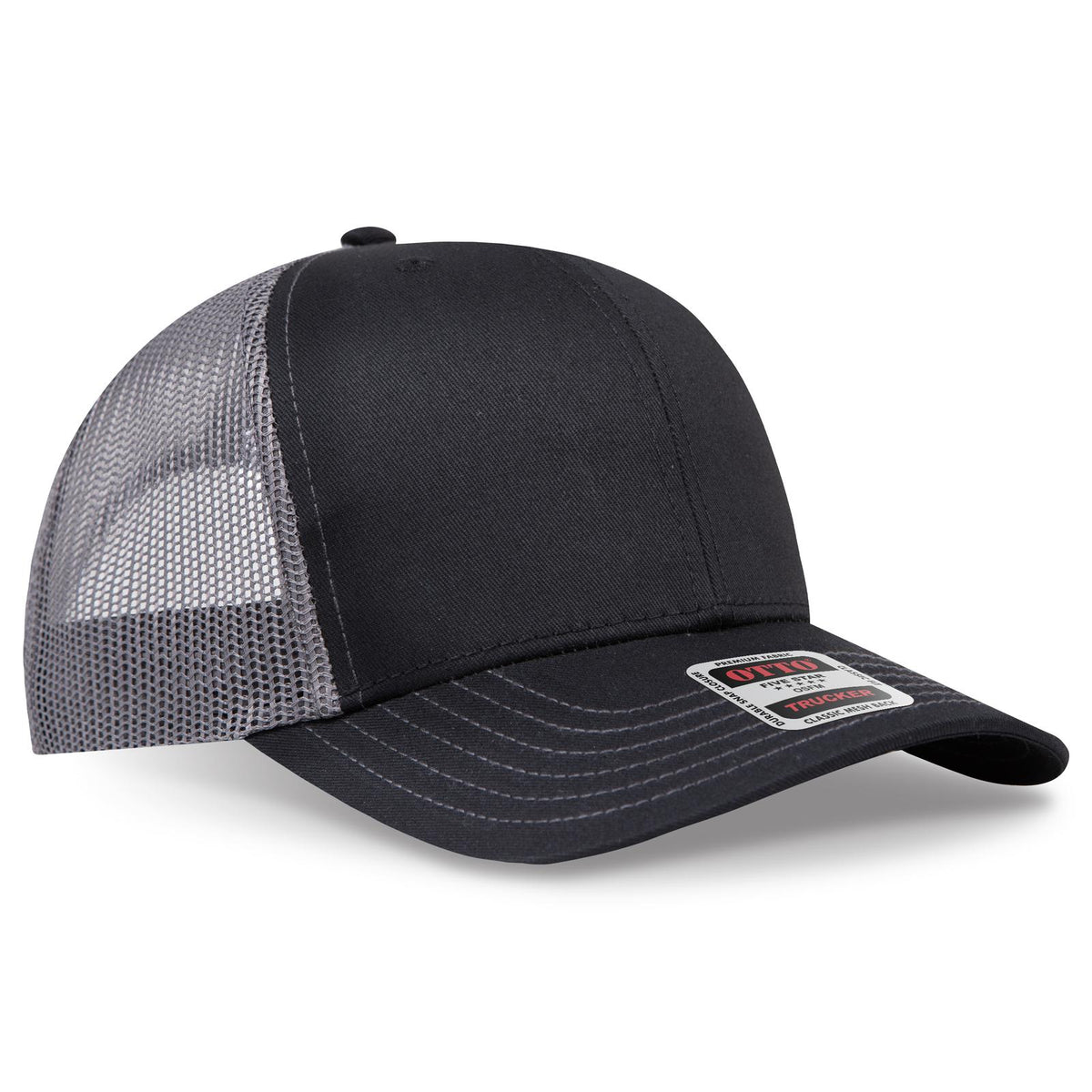 Right View of 030325 - Blk/Blk/Ch.Gry OTTO CAP 6 Panel Mid Profile Mesh Back Trucker Hat