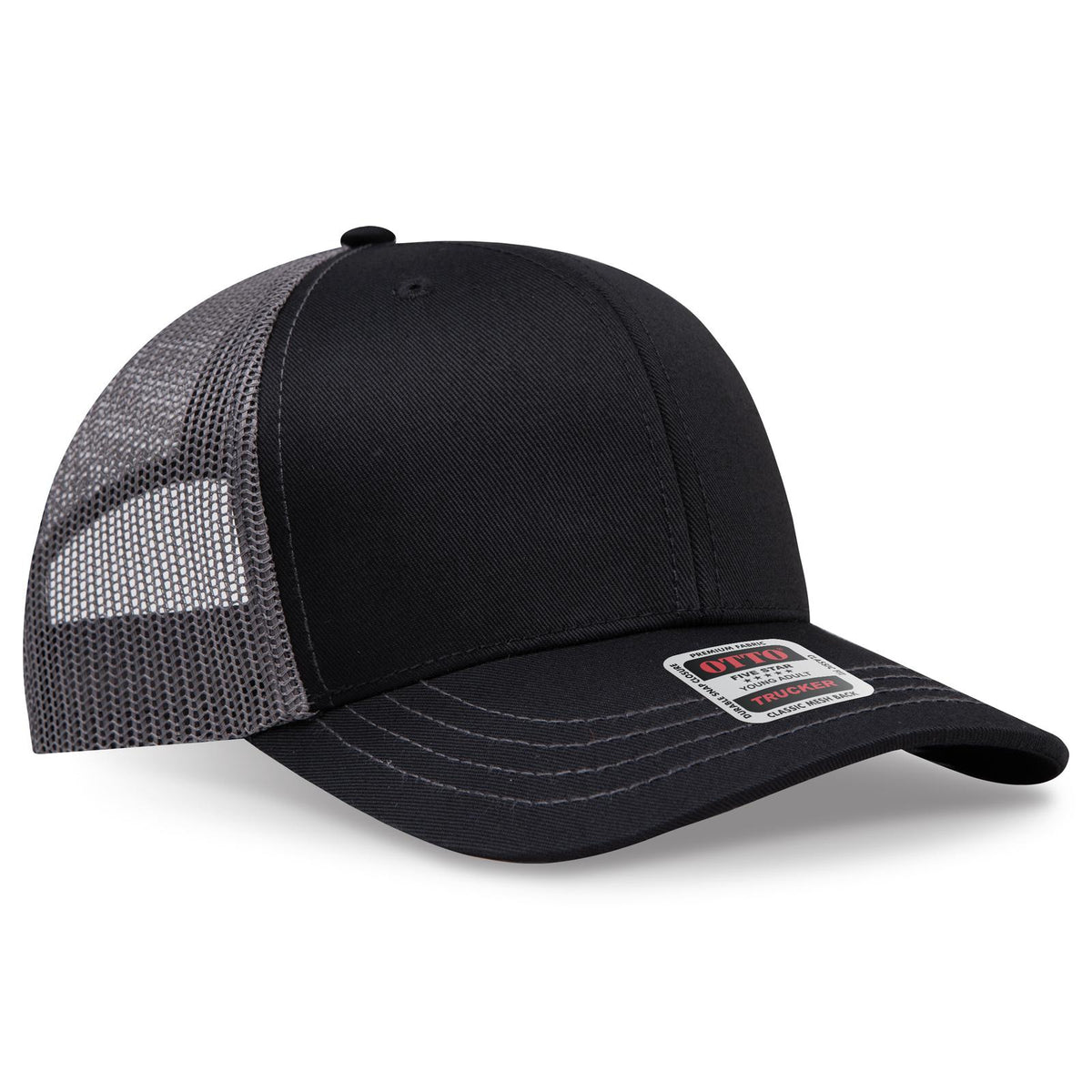 Right View of 030325 - Blk/Blk/Ch.Gry OTTO CAP 6 Panel Mid Profile Mesh Back Trucker Hat