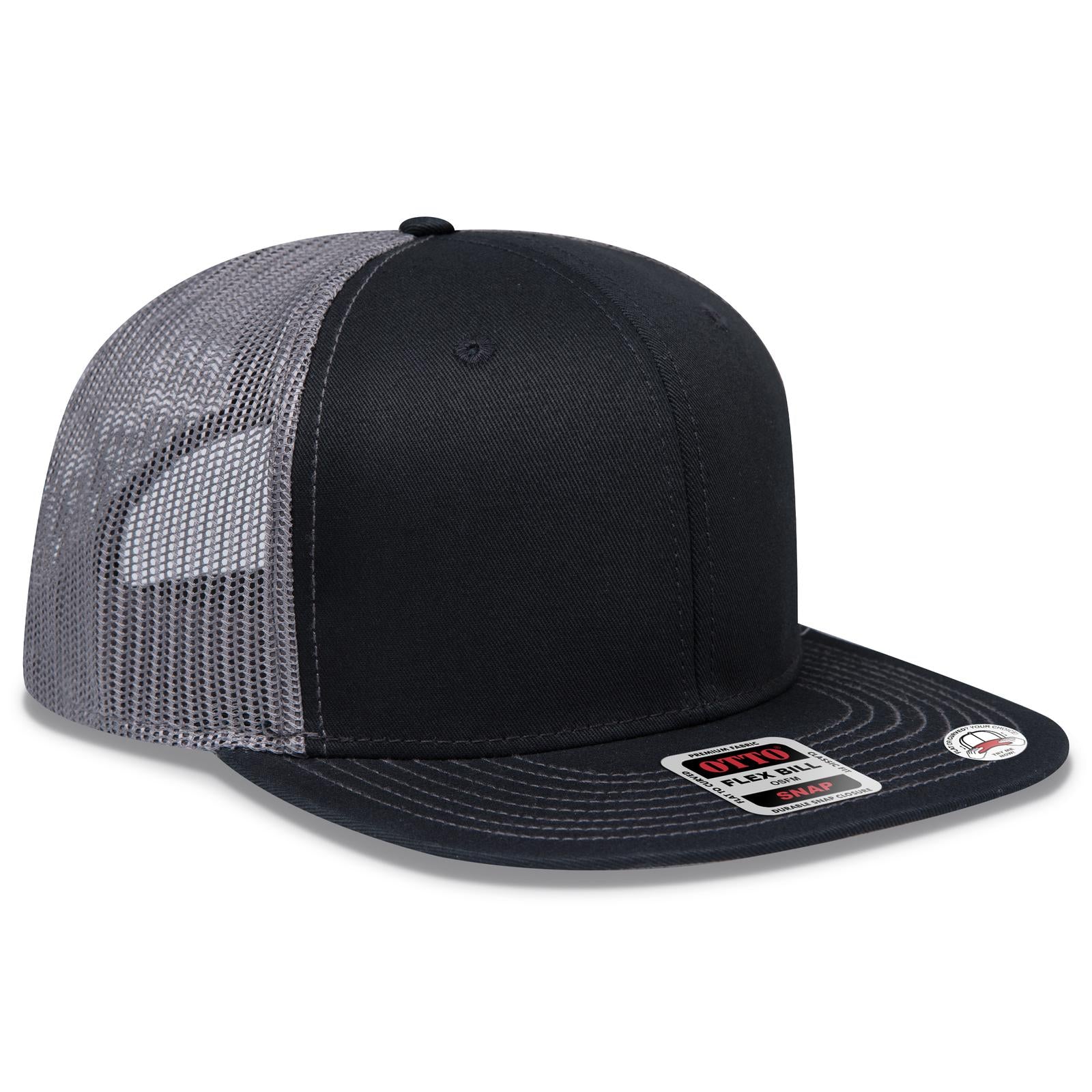 Front View of 030325B - Blk/Blk/Ch.Gry OTTO CAP "OTTO SNAP" 6 Panel Pro Style Mesh Back Trucker Snapback Hat