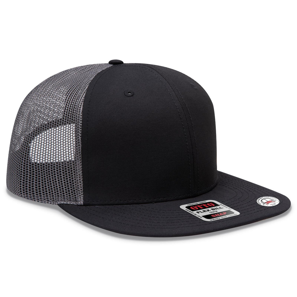Right View of 030325C - Blk/Blk/Ch Gry OTTO CAP "OTTO SNAP" 6 Panel Pro Style Mesh Back Trucker Snapback Hat