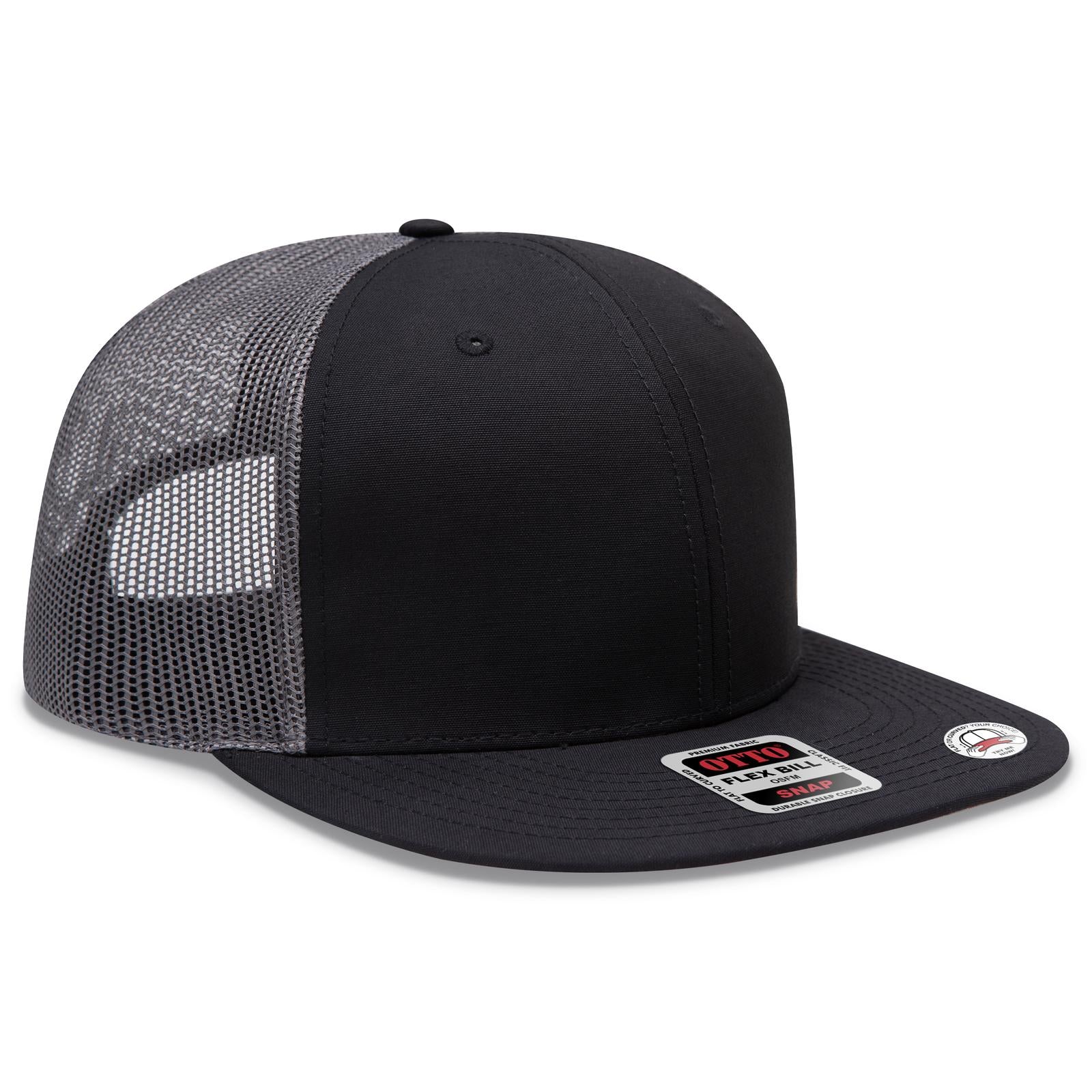 Front View of 030325C - Blk/Blk/Ch Gry OTTO CAP "OTTO SNAP" 6 Panel Pro Style Mesh Back Trucker Snapback Hat