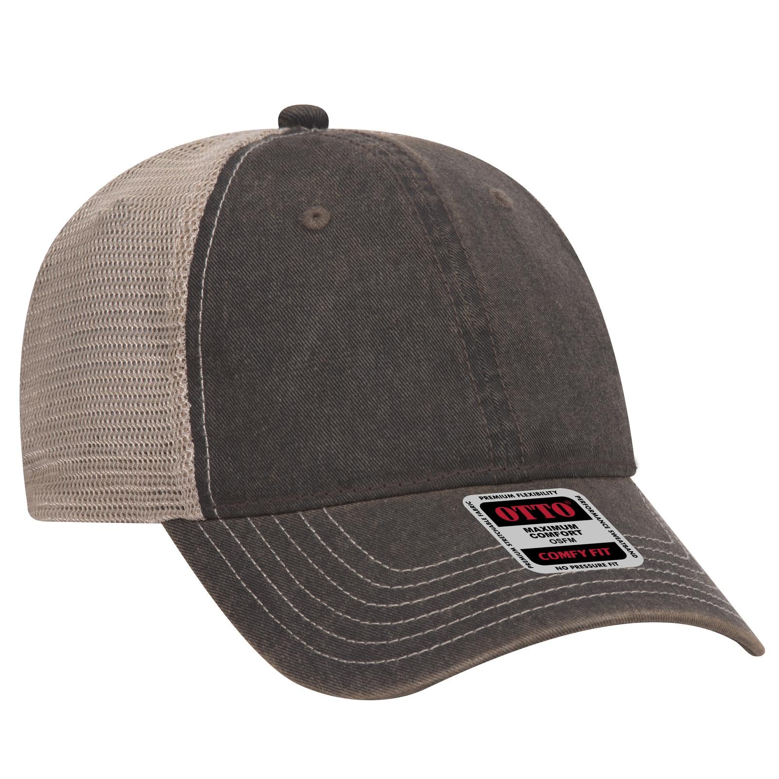 Front View of 030332 - Blk/Blk/Kha OTTO CAP 6 Panel Low Profile Mesh Back Trucker Dad Hat