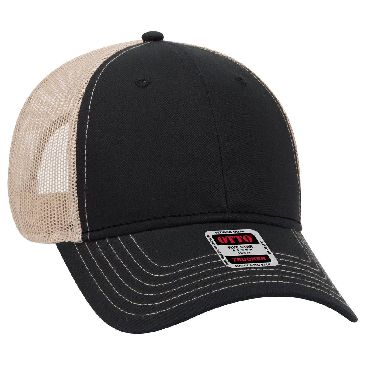 Right View of 030332 - Blk/Blk/Kha OTTO CAP 6 Panel Low Profile Mesh Back Trucker Hat
