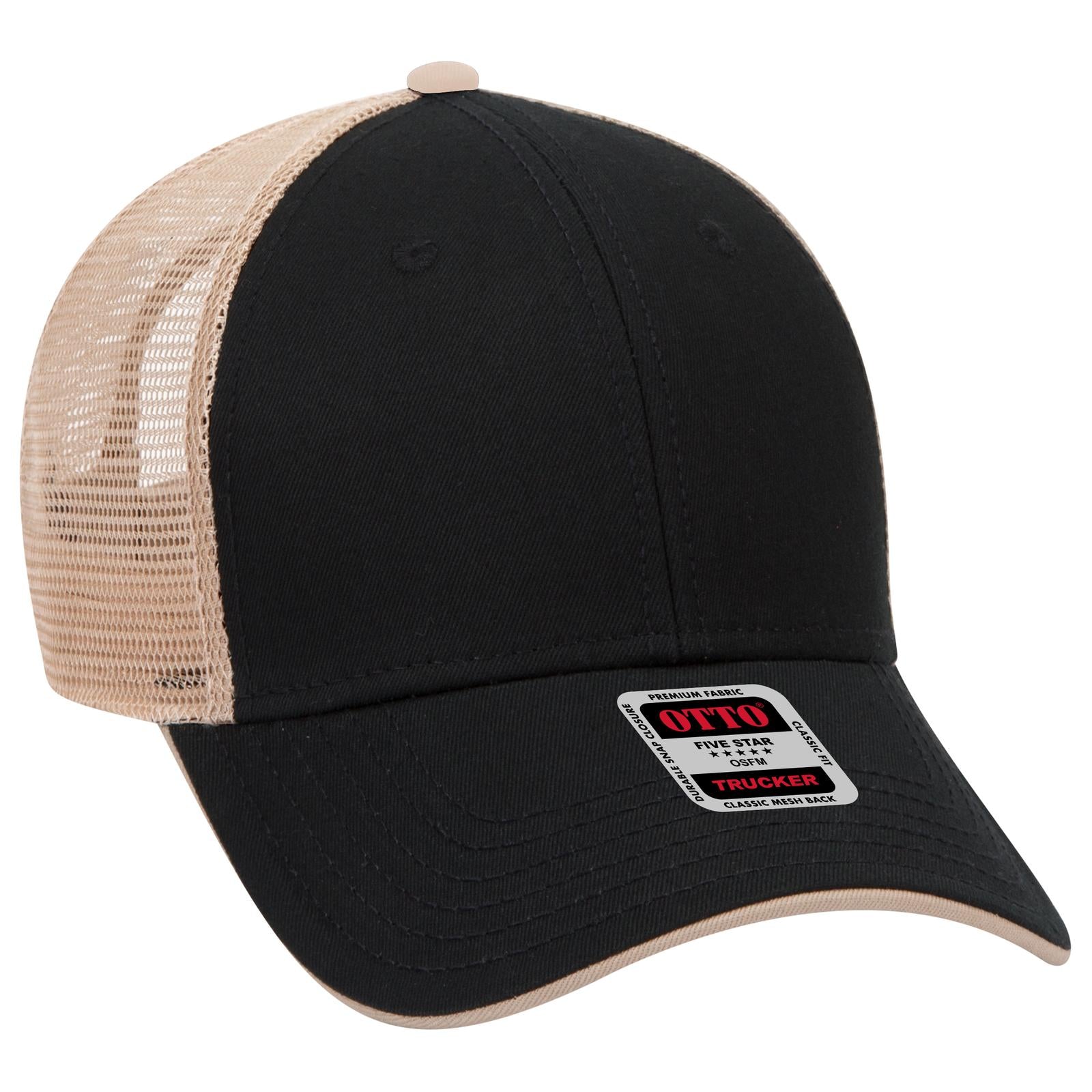 Front View of 030332 - Blk/Blk/Kha OTTO CAP 6 Panel Low Profile Mesh Back Trucker Hat