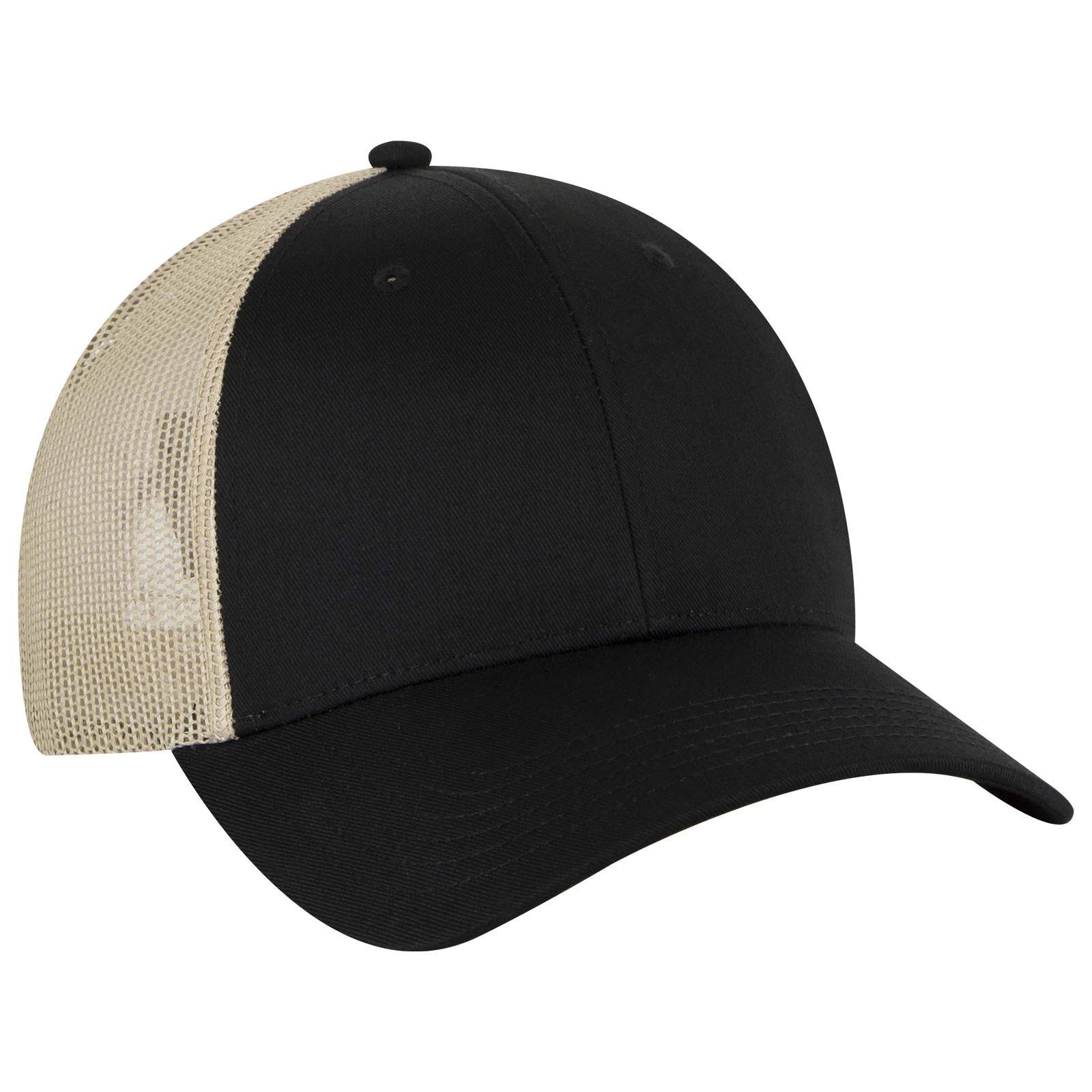 Front View of 030332 - Blk/Blk/Kha OTTO CAP 6 Panel Low Profile Mesh Back Trucker Hat