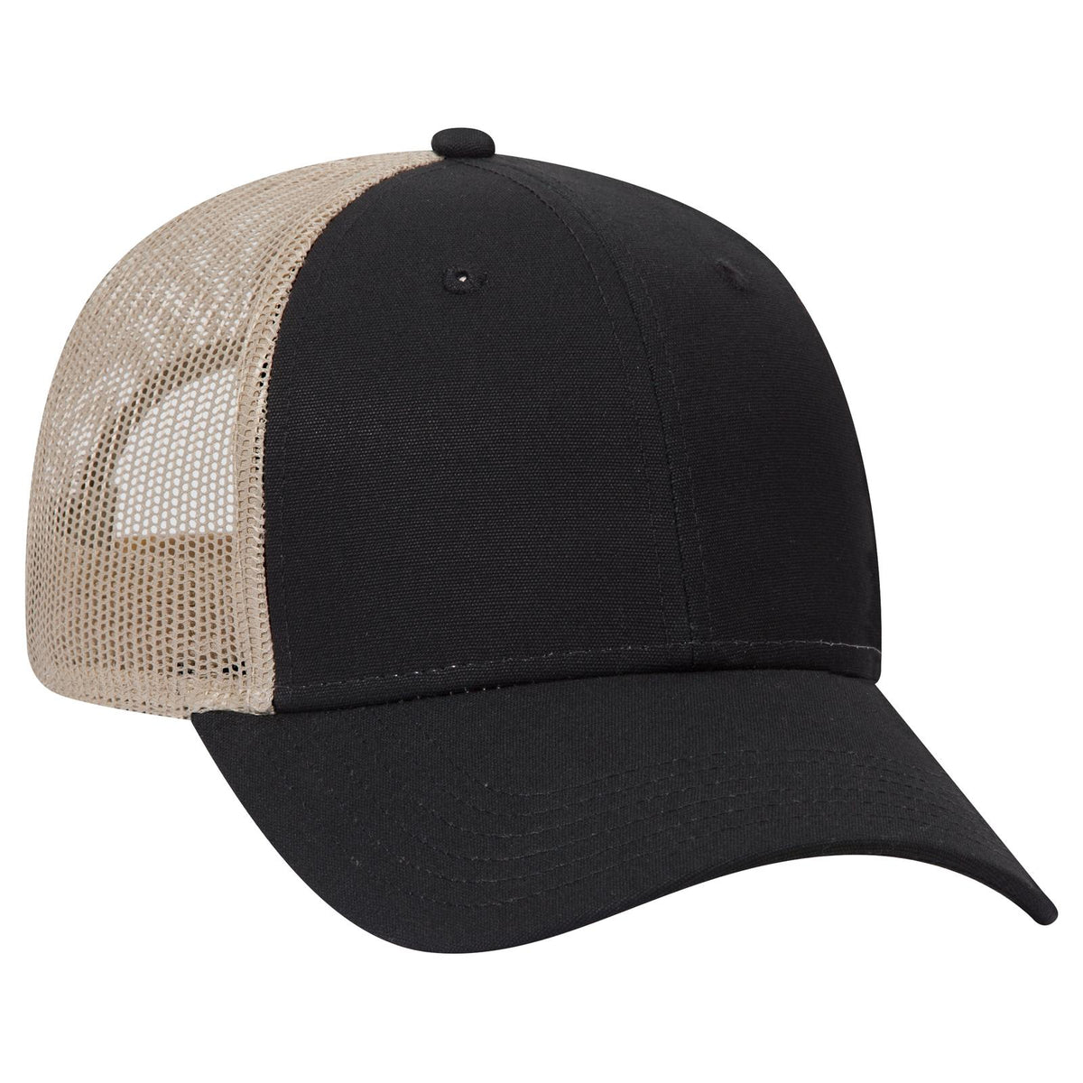 Right View of 030332 - Blk/Blk/Kha OTTO CAP 6 Panel Low Profile Mesh Back Trucker Hat