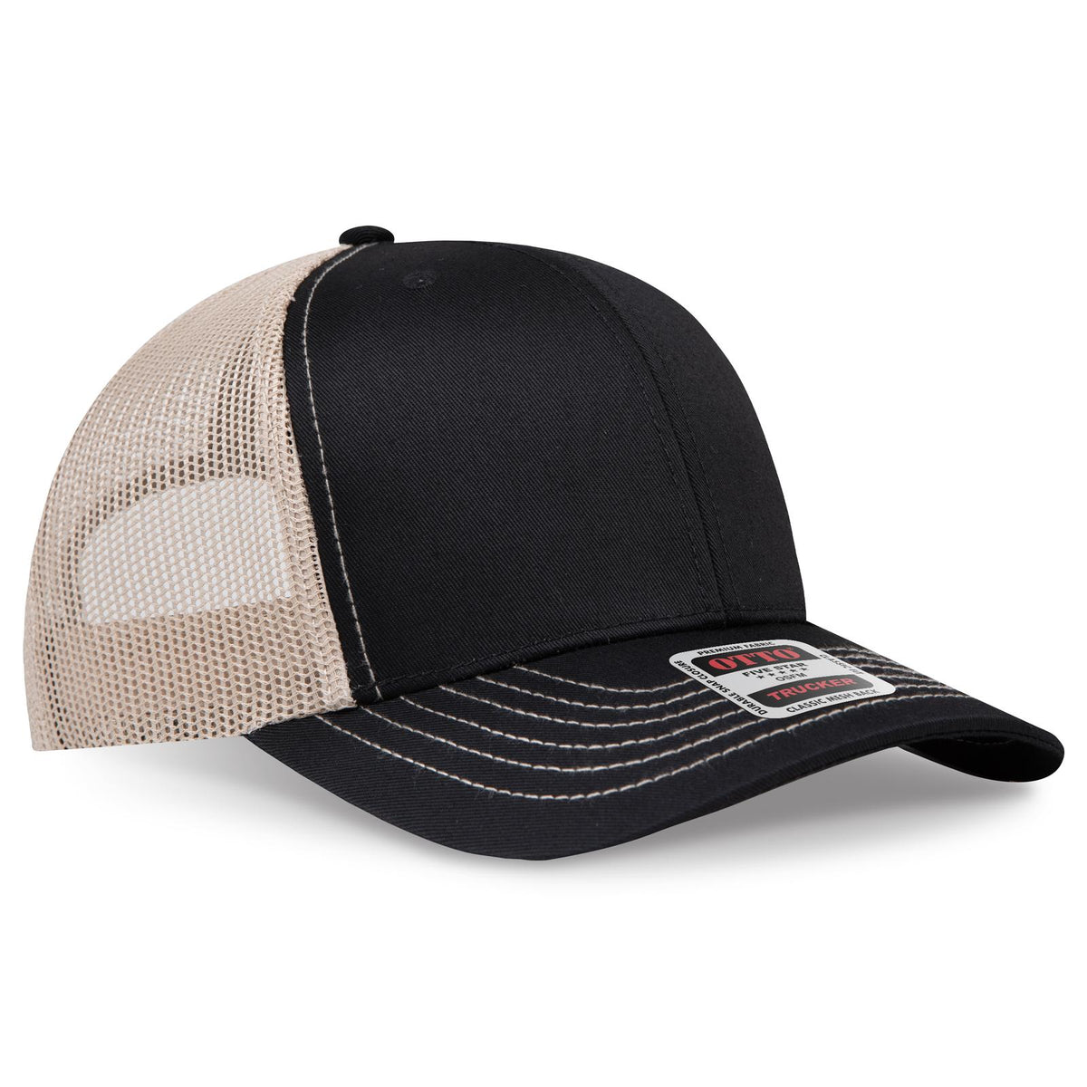 Right View of 030332 - Blk/Blk/Kha OTTO CAP 6 Panel Mid Profile Mesh Back Trucker Hat