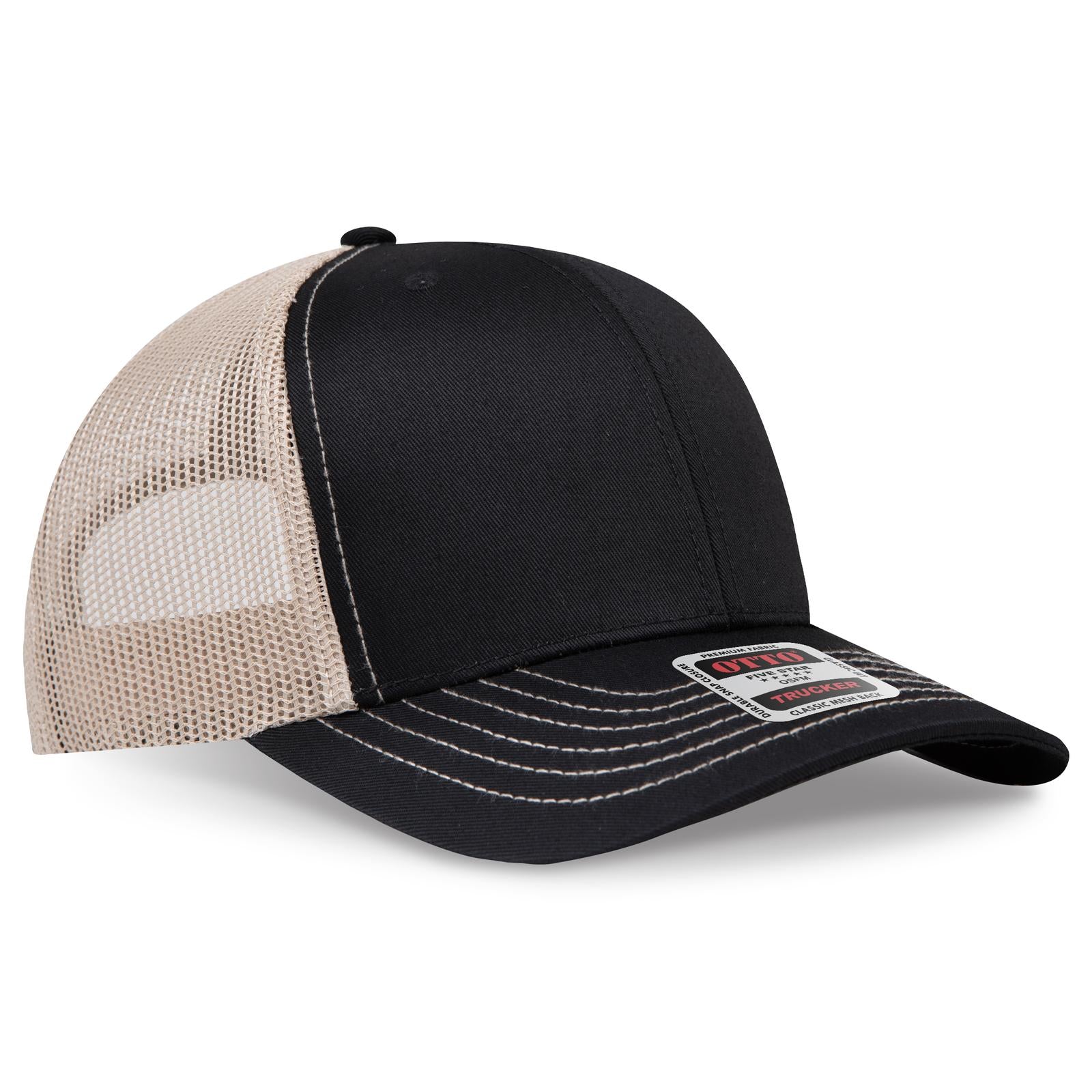 Right View of 030332 - Blk/Blk/Kha OTTO CAP 6 Panel Mid Profile Mesh Back Trucker Hat