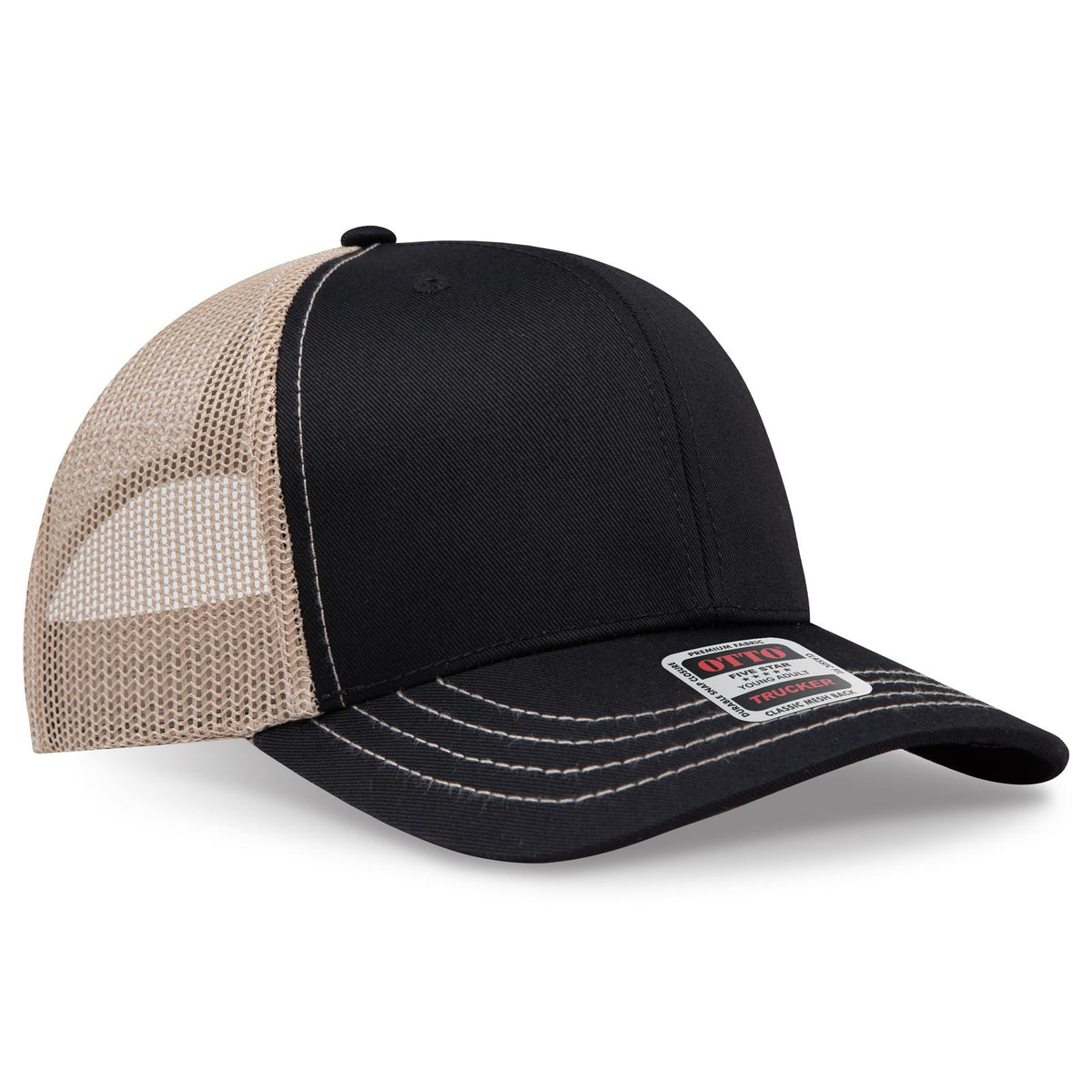 Right View of 030332 - Blk/Blk/Kha OTTO CAP 6 Panel Mid Profile Mesh Back Trucker Hat