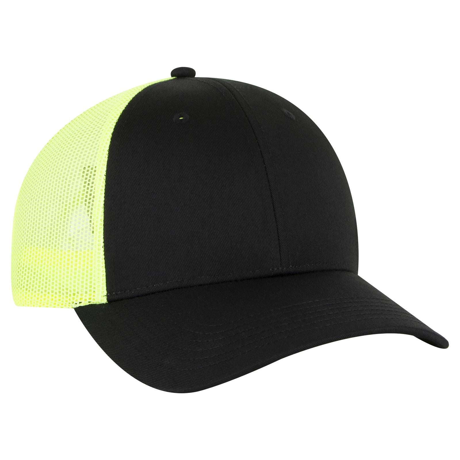 Front View of 030340 - Blk/Blk/N.Ylw OTTO CAP 6 Panel Low Profile Mesh Back Trucker Hat