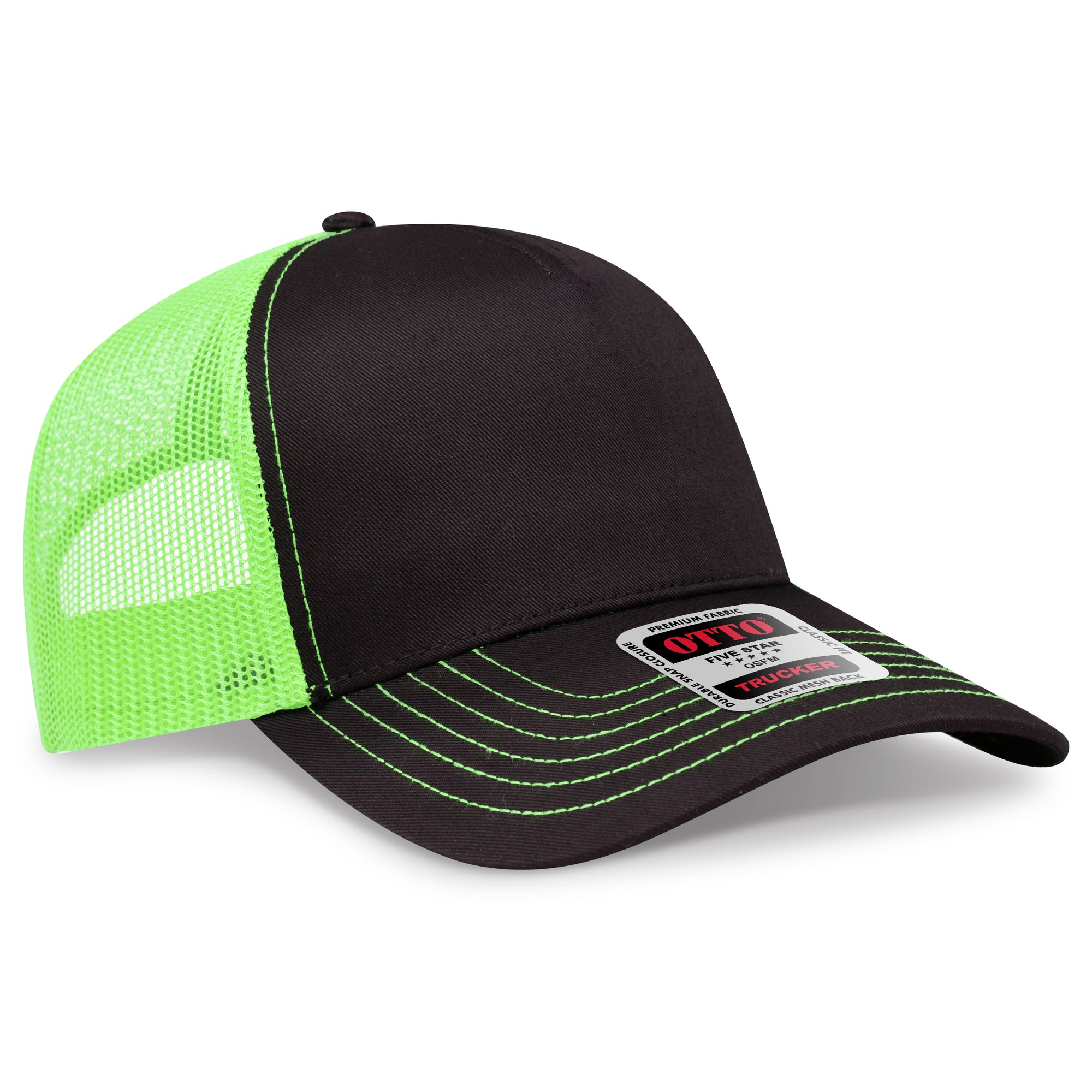 Front View of 030388 - Blk/Blk/N.Grn OTTO CAP 5 Panel Low Profile Mesh Back Trucker Hat