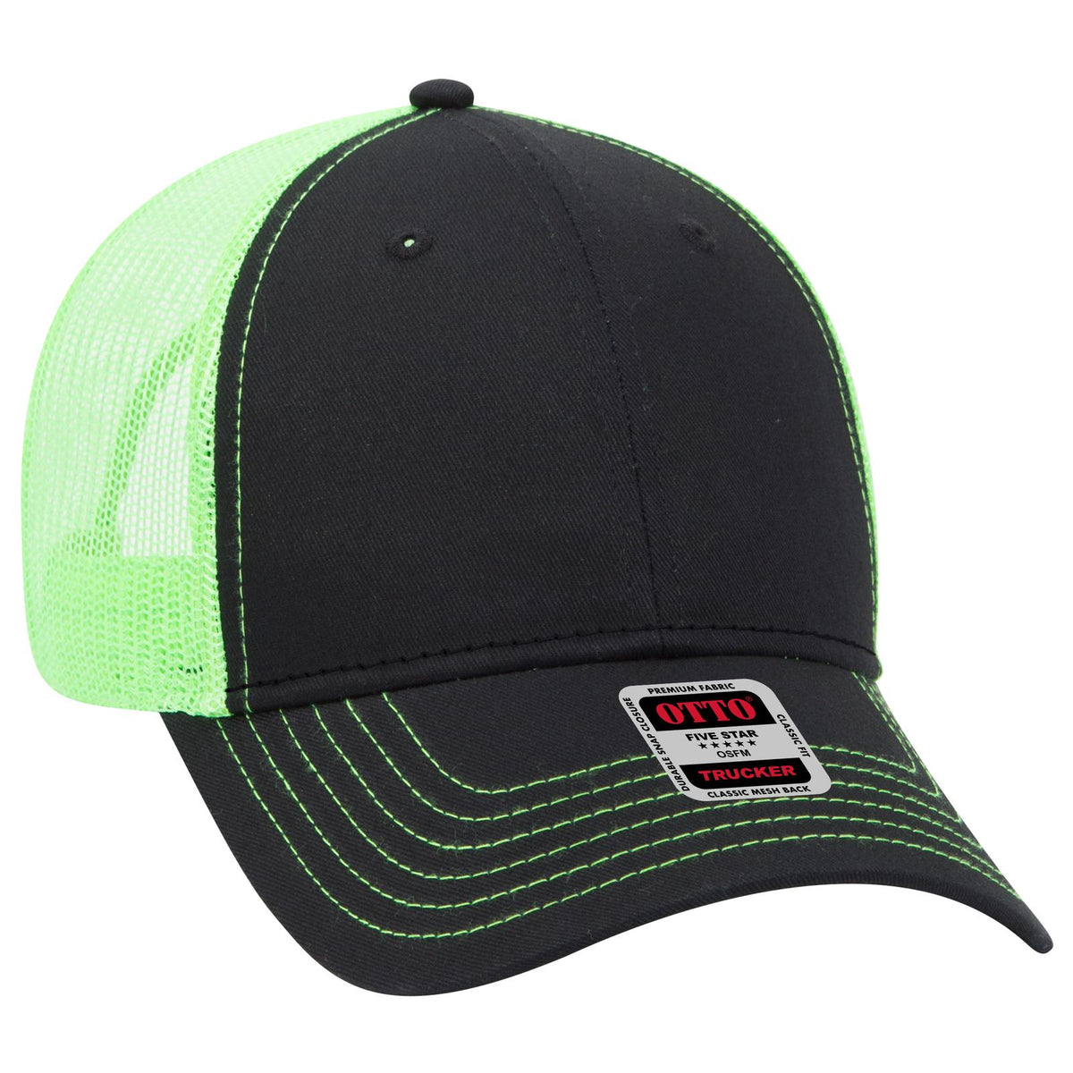 Right View of 030388 - Blk/Blk/N.Grn OTTO CAP 6 Panel Low Profile Mesh Back Trucker Hat