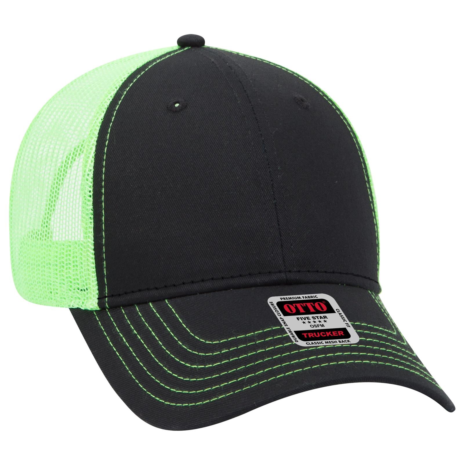 Front View of 030388 - Blk/Blk/N.Grn OTTO CAP 6 Panel Low Profile Mesh Back Trucker Hat