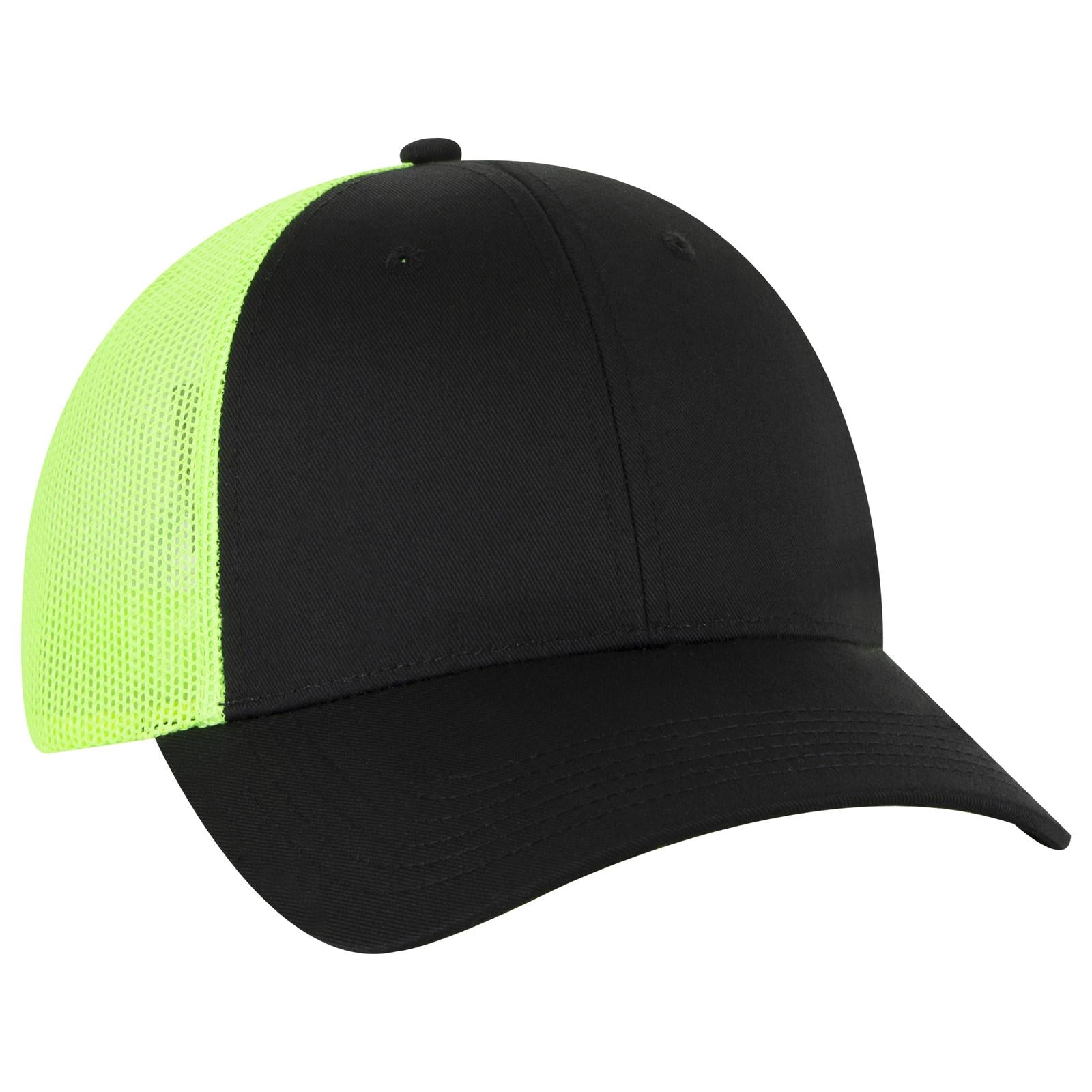 Front View of 030388 - Blk/Blk/N.Grn OTTO CAP 6 Panel Low Profile Mesh Back Trucker Hat