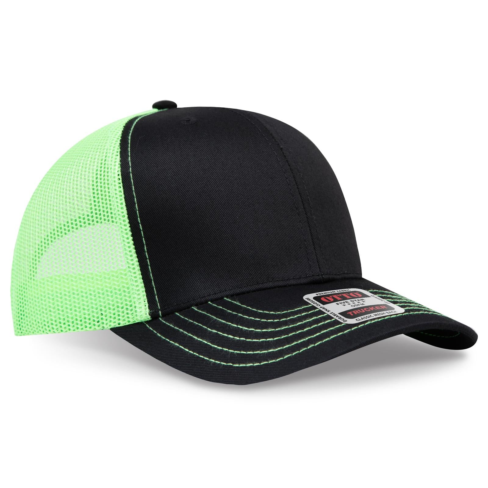 Right View of 030388 - Blk/Blk/N.Grn OTTO CAP 6 Panel Mid Profile Mesh Back Trucker Hat