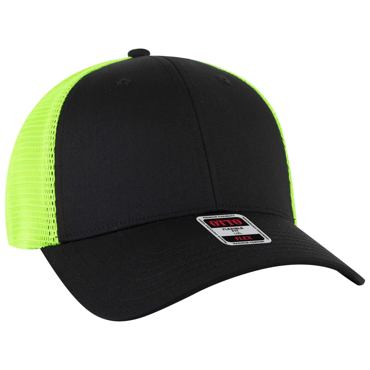 Right View of 030388 - Blk/Blk/N.Grn OTTO CAP "OTTO FLEX" Fitted 6 Panel Low Profile Mesh Back Trucker Hat