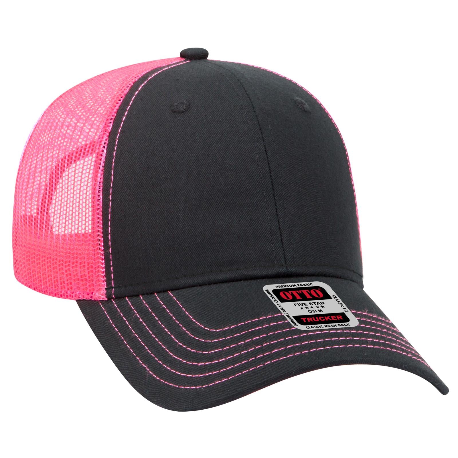 Front View of 030389 - Blk/Blk/N.Pnk OTTO CAP 6 Panel Low Profile Mesh Back Trucker Hat