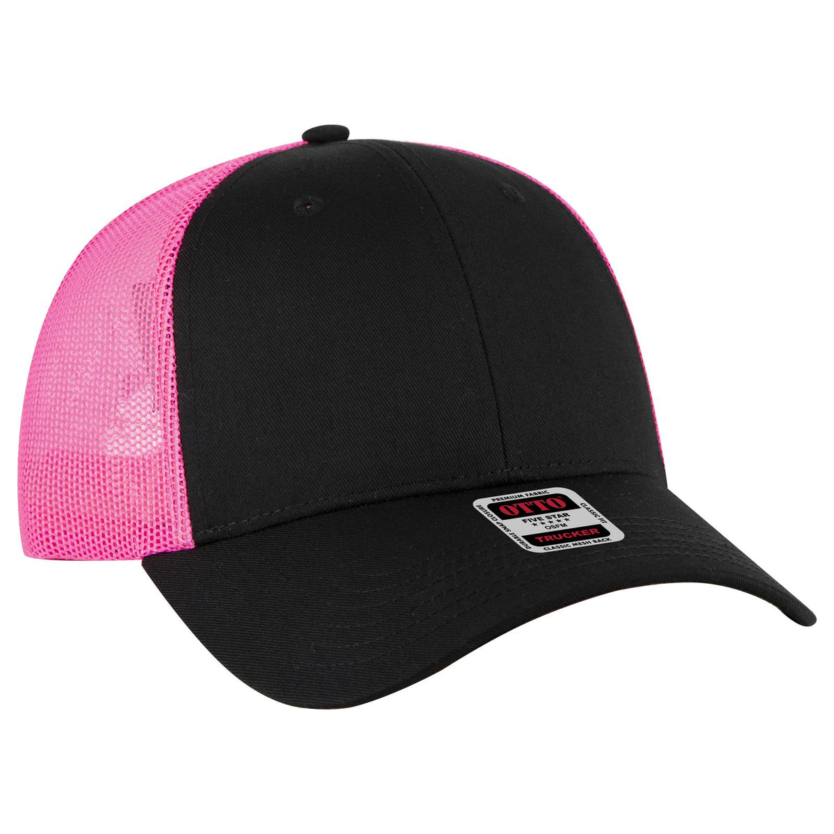 Right View of 030389 - Blk/Blk/N.Pnk OTTO CAP 6 Panel Low Profile Mesh Back Trucker Hat