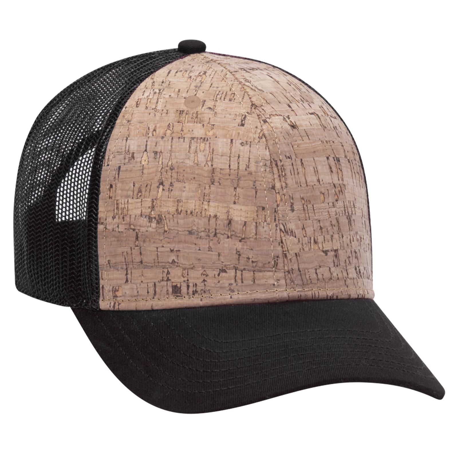 Front View of 0311203 - Blk/Cork/Blk OTTO CAP 6 Panel Low Profile Mesh Back Trucker Hat