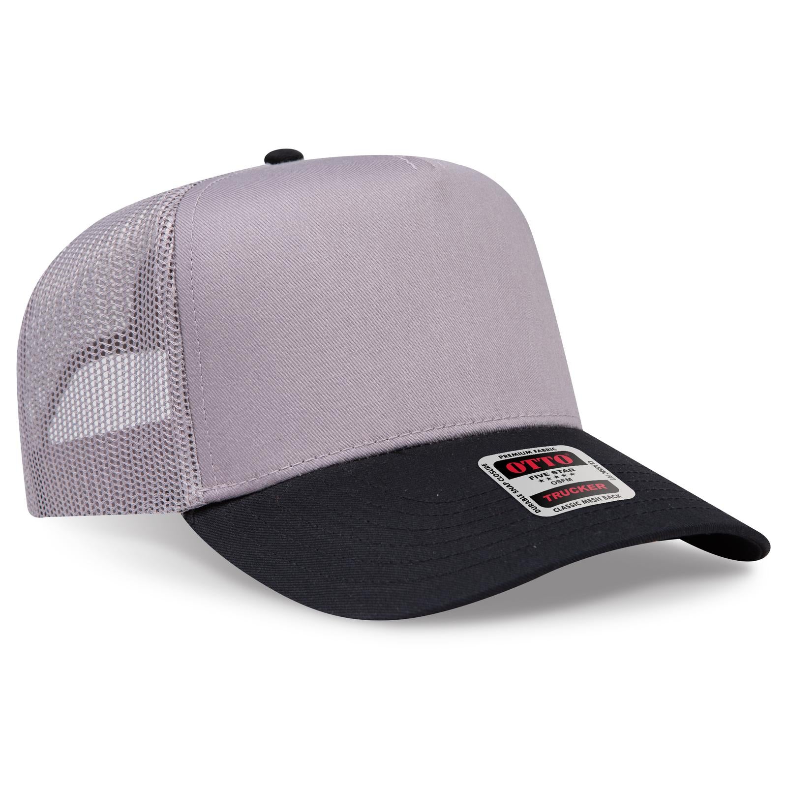 Front View of 0314 - Blk/Gry OTTO CAP 5 Panel Mid Profile Mesh Back Trucker Hat