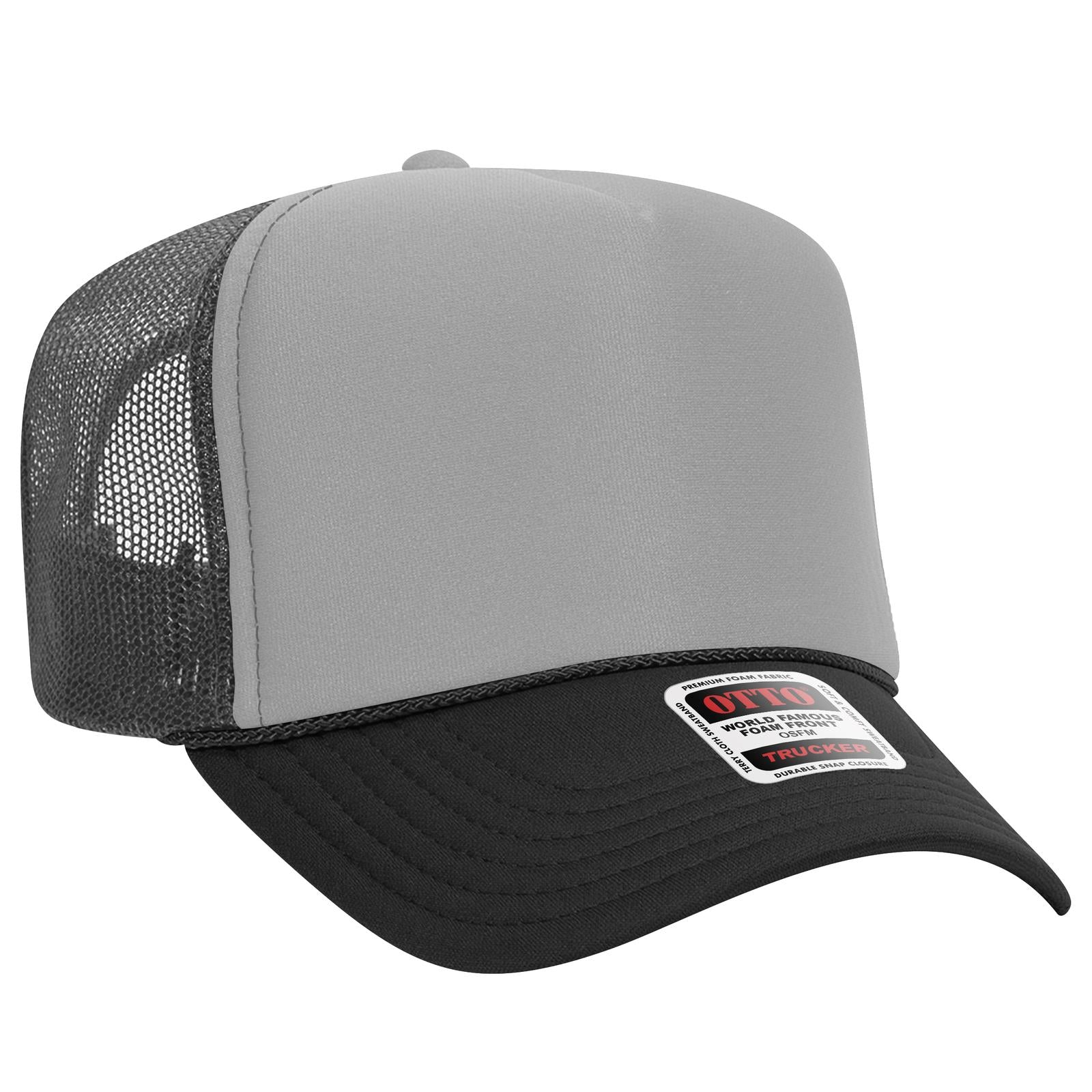 Right View of 031425 - Blk/Gry/Ch.Gry OTTO CAP 5 Panel High Crown Mesh Back Trucker Hat