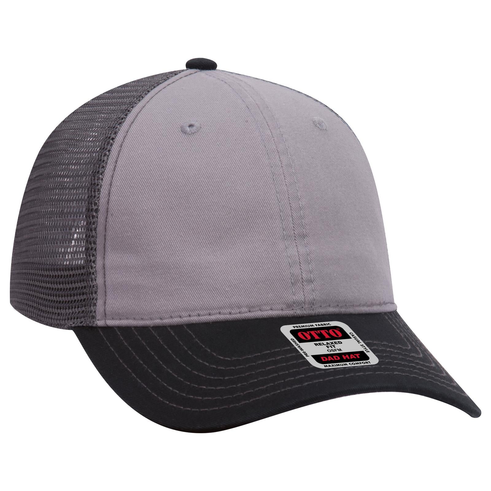Front View of 031425 - Blk/Gry/Ch.Gry OTTO CAP 6 Panel Low Profile Mesh Back Trucker Dad Hat