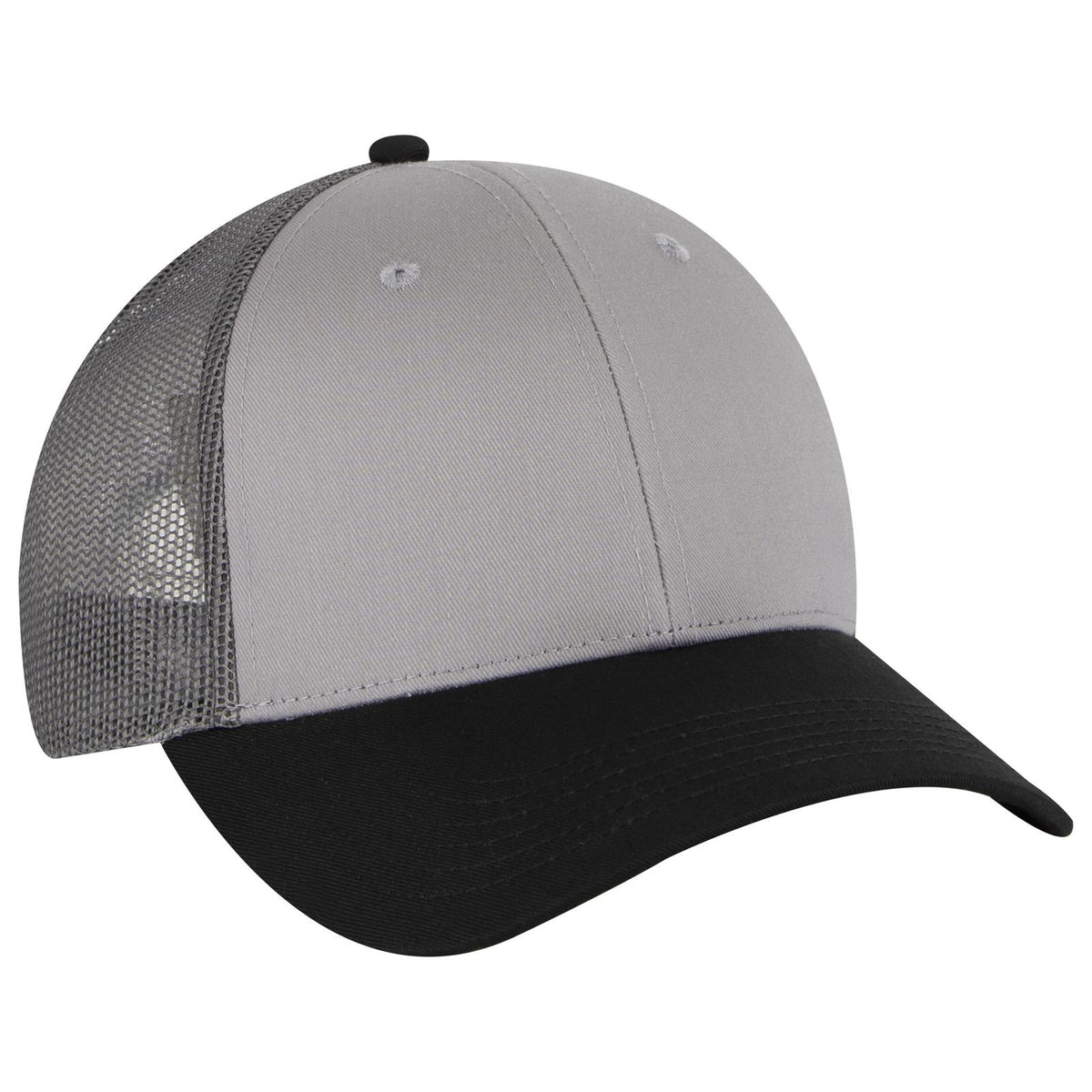 Right View of 031425 - Blk/Gry/Ch.Gry OTTO CAP 6 Panel Low Profile Mesh Back Trucker Hat