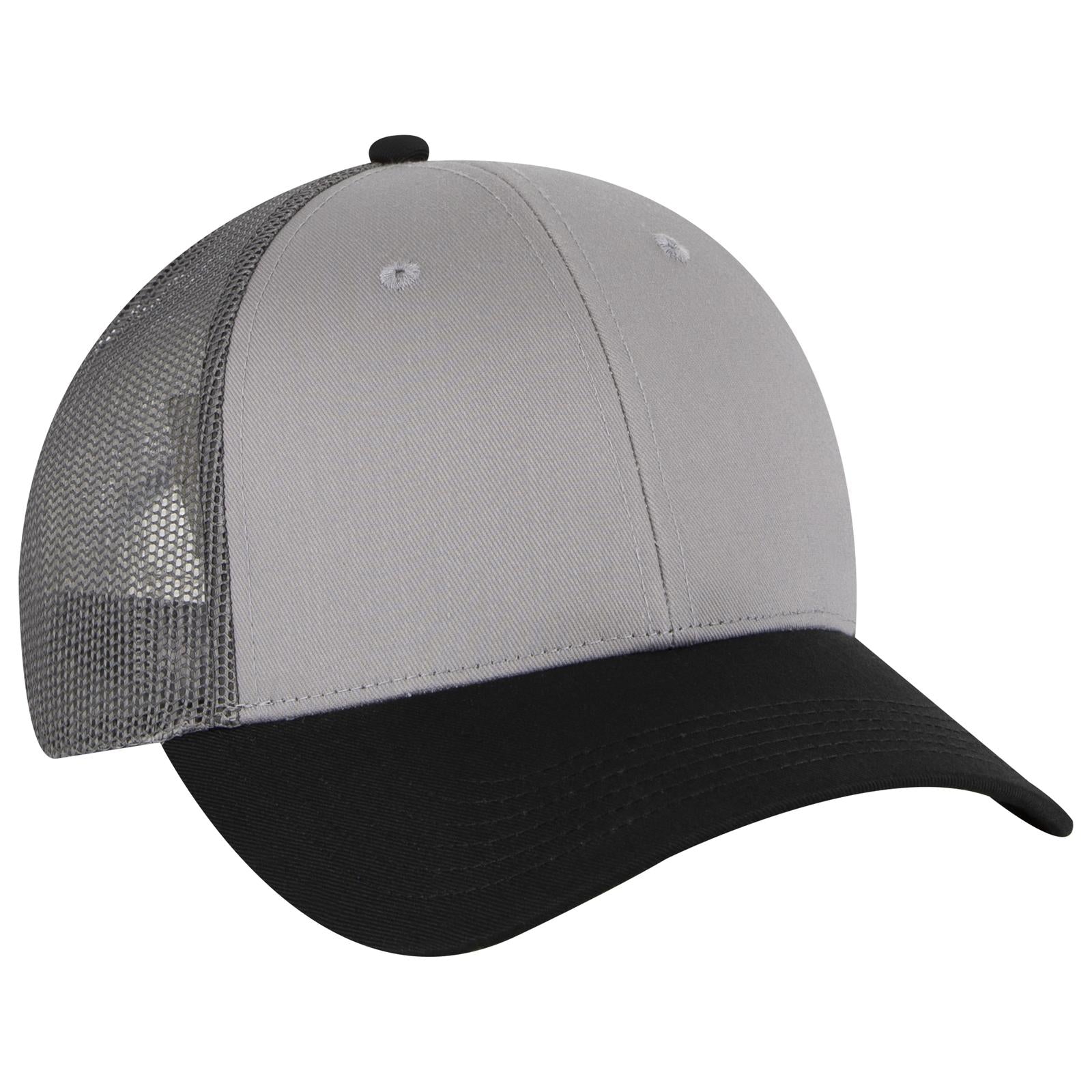 Front View of 031425 - Blk/Gry/Ch.Gry OTTO CAP 6 Panel Low Profile Mesh Back Trucker Hat