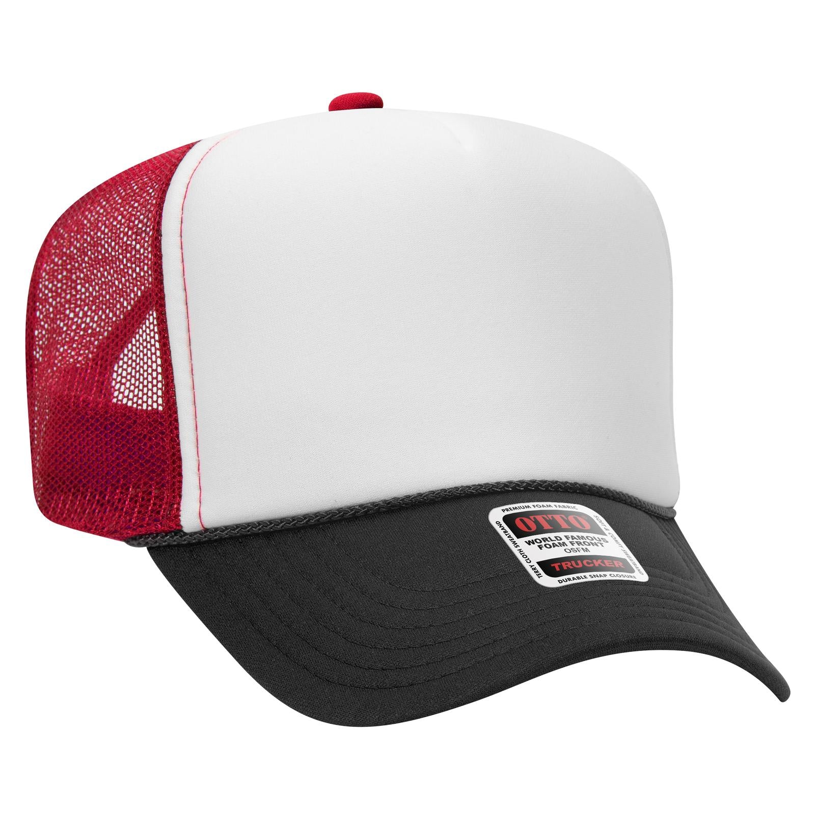 Right View of 031602 - Blk/Wht/Red OTTO CAP 5 Panel High Crown Mesh Back Trucker Hat