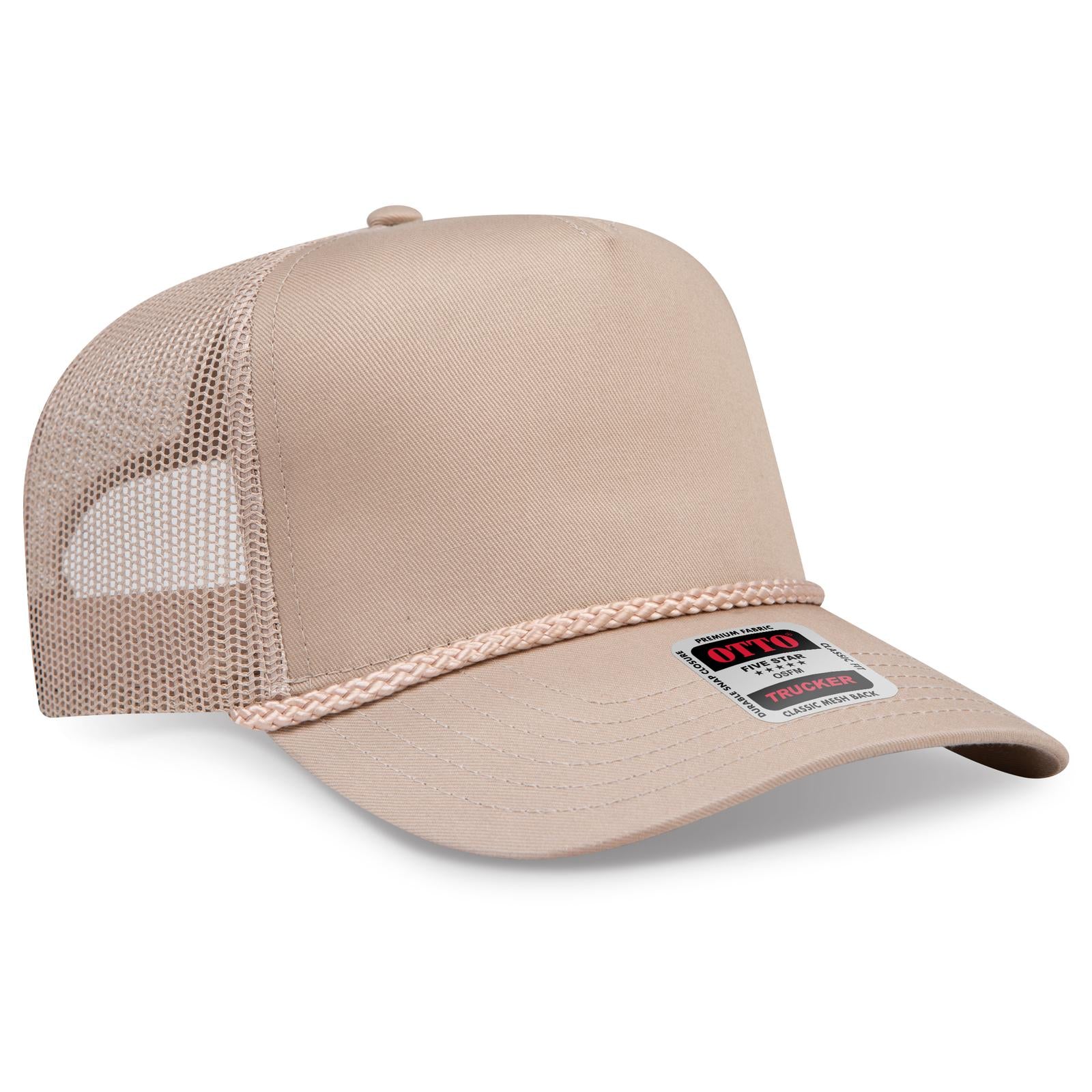 Front View of 032 - Khaki OTTO CAP 5 Panel Mid Profile Mesh Back Trucker Hat
