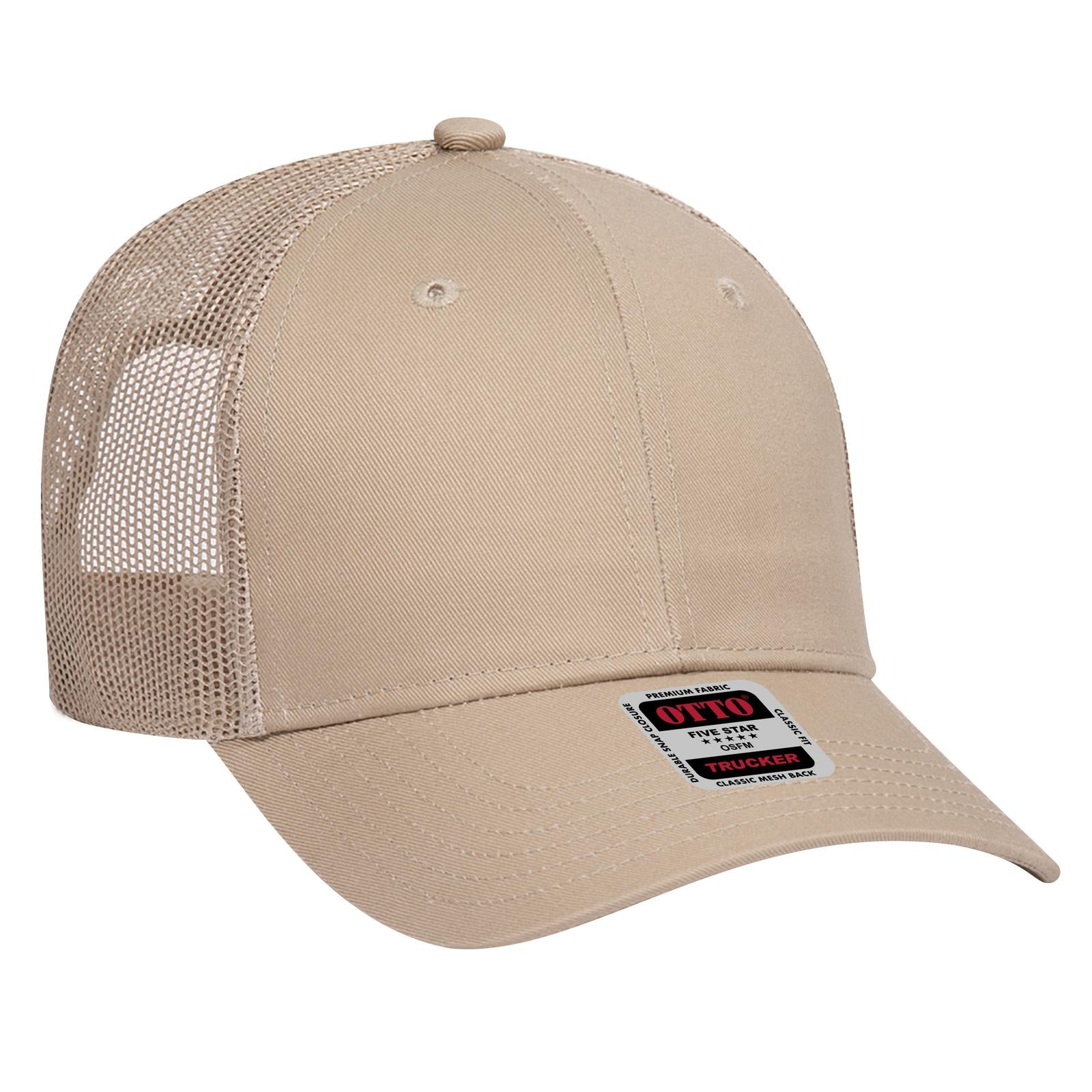 Front View of 032 - Khaki OTTO CAP 6 Panel Low Profile Mesh Back Trucker Hat