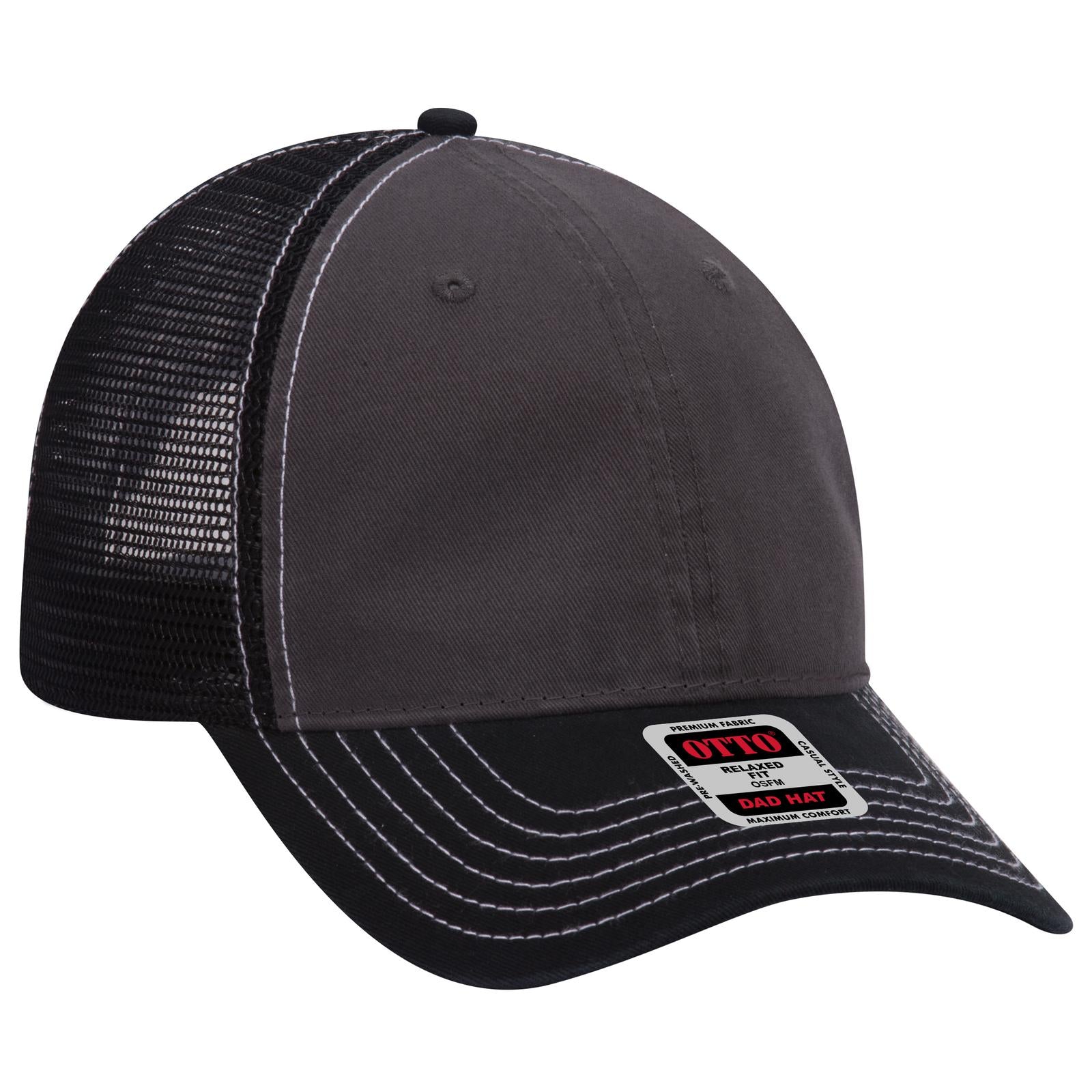 Front View of 032503 - Blk/Ch.Gry/Blk OTTO CAP 6 Panel Low Profile Mesh Back Trucker Dad Hat