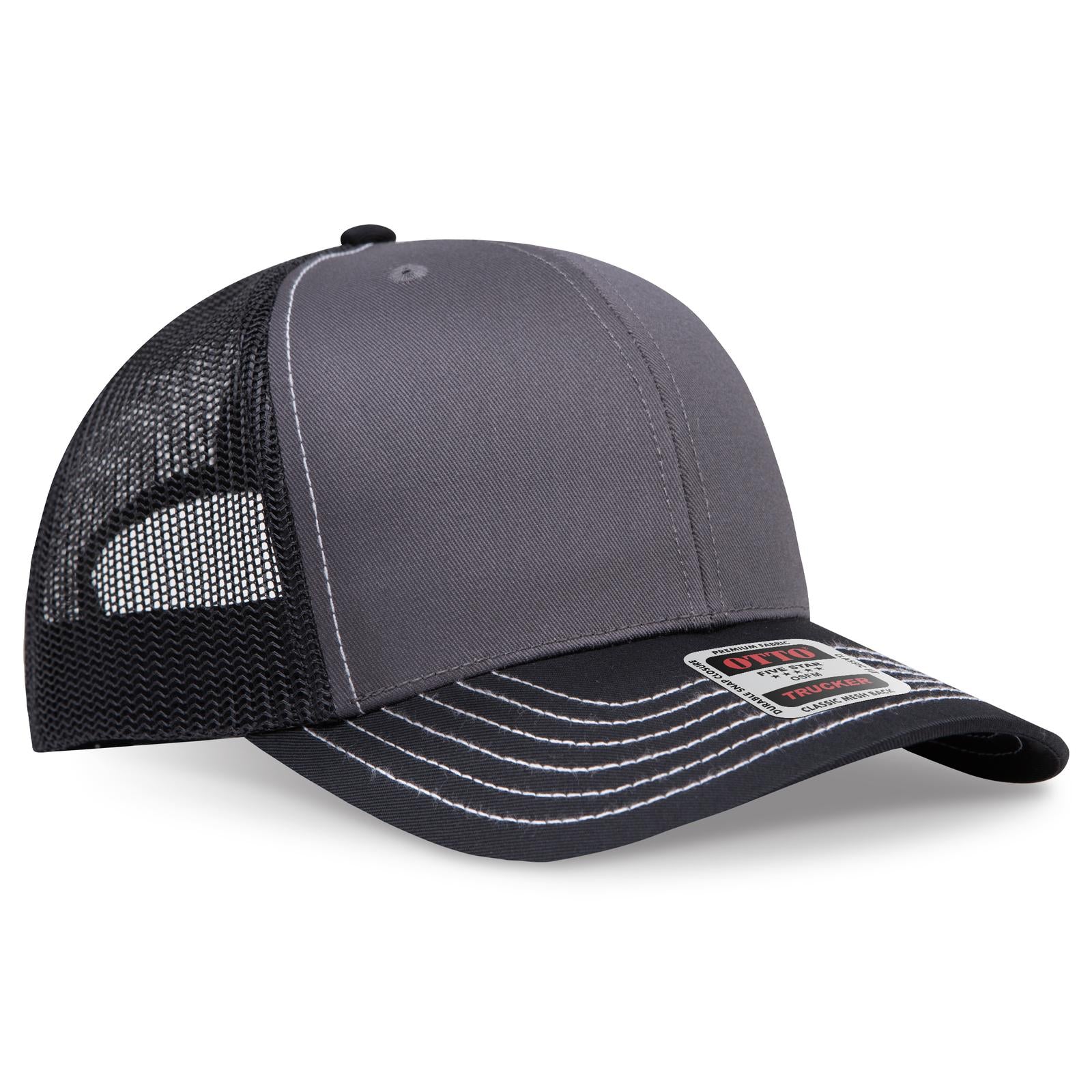 Right View of 032503 - Blk/Ch.Gry/Blk OTTO CAP 6 Panel Mid Profile Mesh Back Trucker Hat