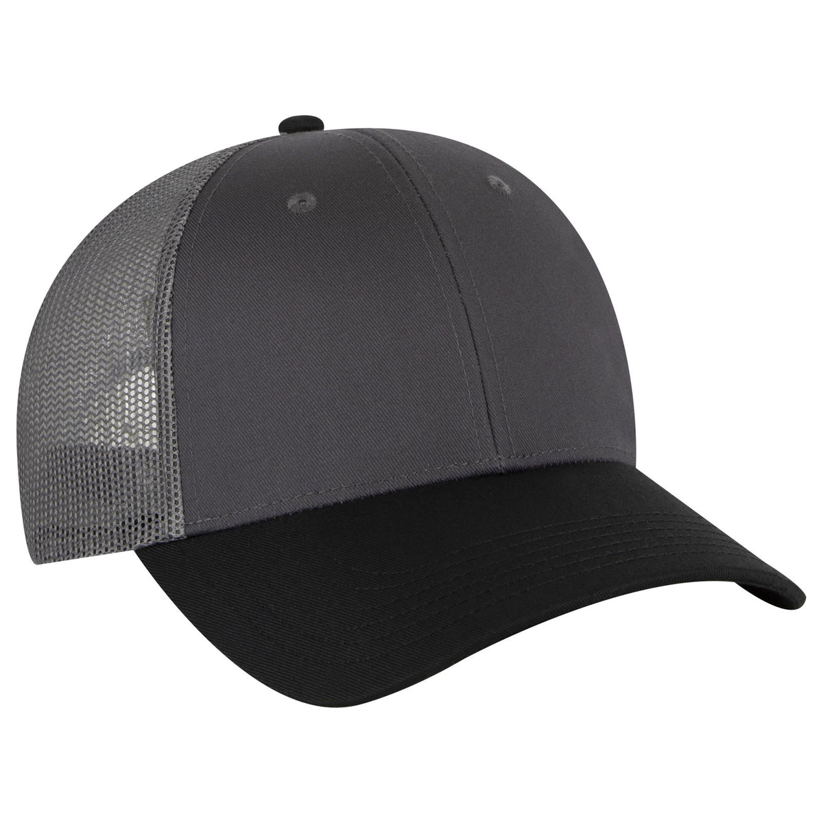 Right View of 032525 - Blk/Ch.Gry/Ch.Gry OTTO CAP 6 Panel Low Profile Mesh Back Trucker Hat