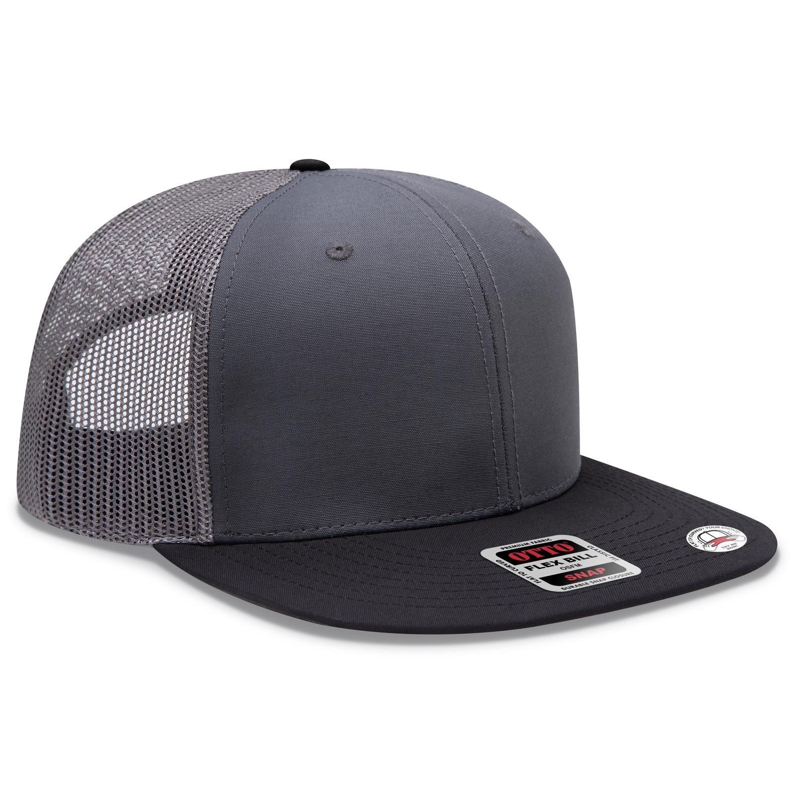 Front View of 032525C - Blk/Ch Gry/Ch Gry OTTO CAP "OTTO SNAP" 6 Panel Pro Style Mesh Back Trucker Snapback Hat