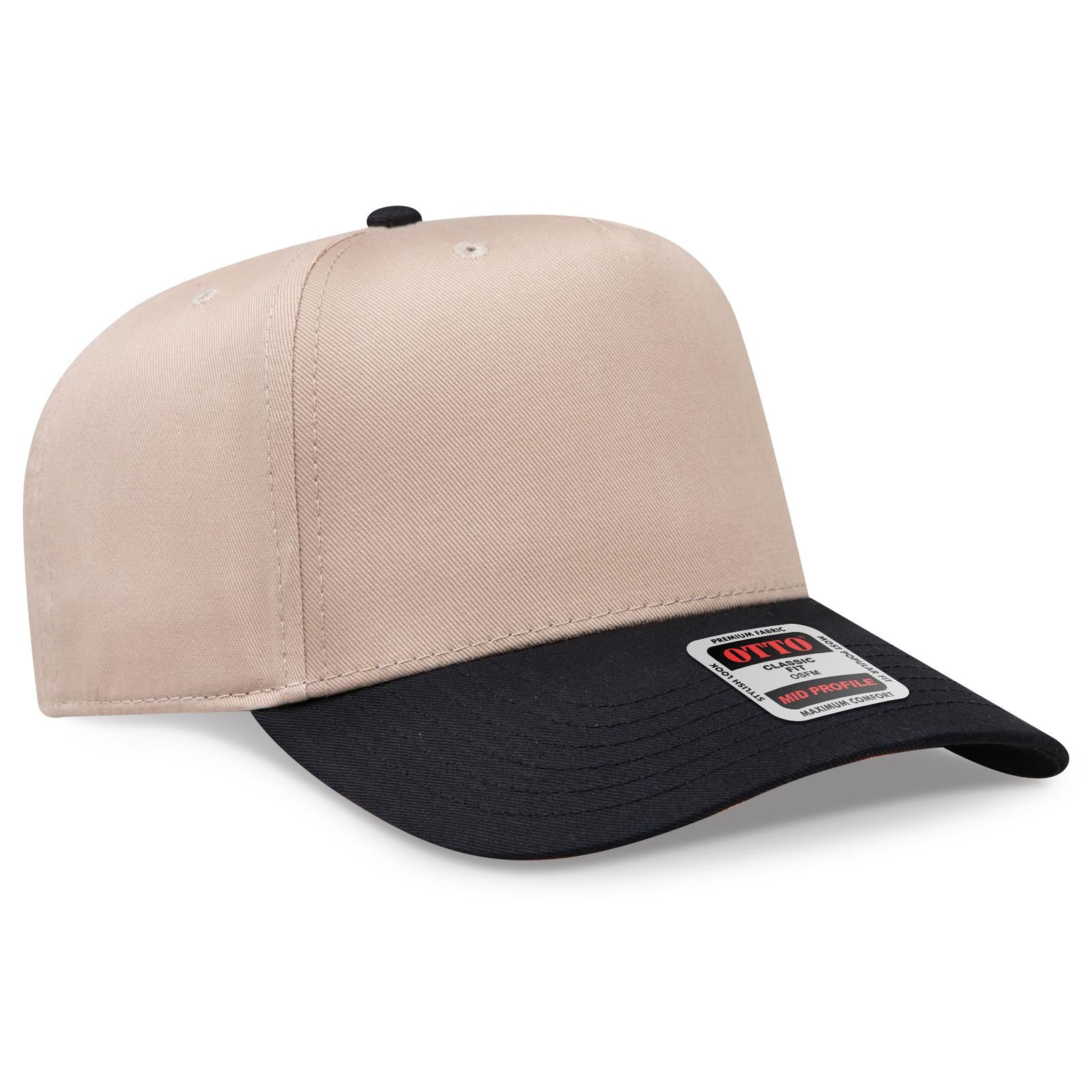 Front View of 0332 - Blk/Kha OTTO CAP 5 Panel Mid Profile Baseball Cap