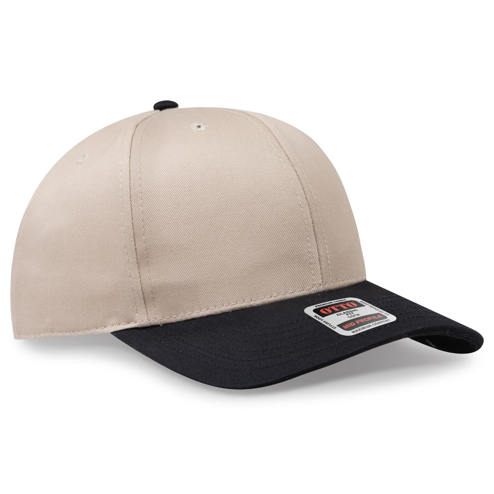 Front View of 0332 - Blk/Kha OTTO CAP 6 Panel Mid Profile Baseball Cap