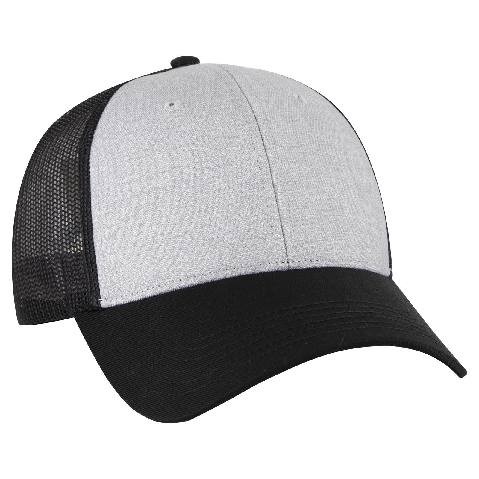 Front View of 037403 - Black/Heather Gray/Black OTTO CAP 6 Panel Low Profile Mesh Back Trucker Hat