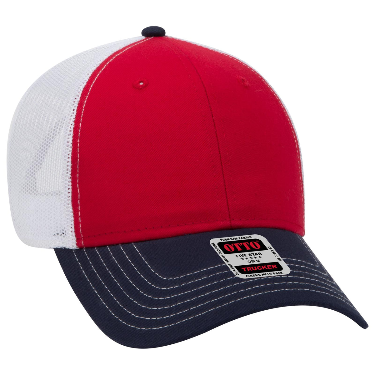 Right View of 040216 - Nvy/Red/Wht OTTO CAP 6 Panel Low Profile Mesh Back Trucker Hat