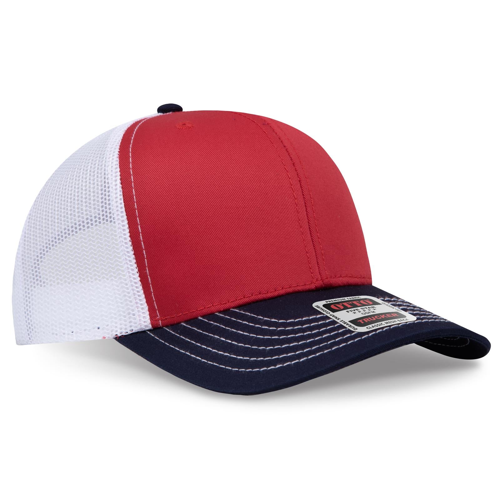 Right View of 040216 - Nvy/Red/Wht OTTO CAP 6 Panel Mid Profile Mesh Back Trucker Hat