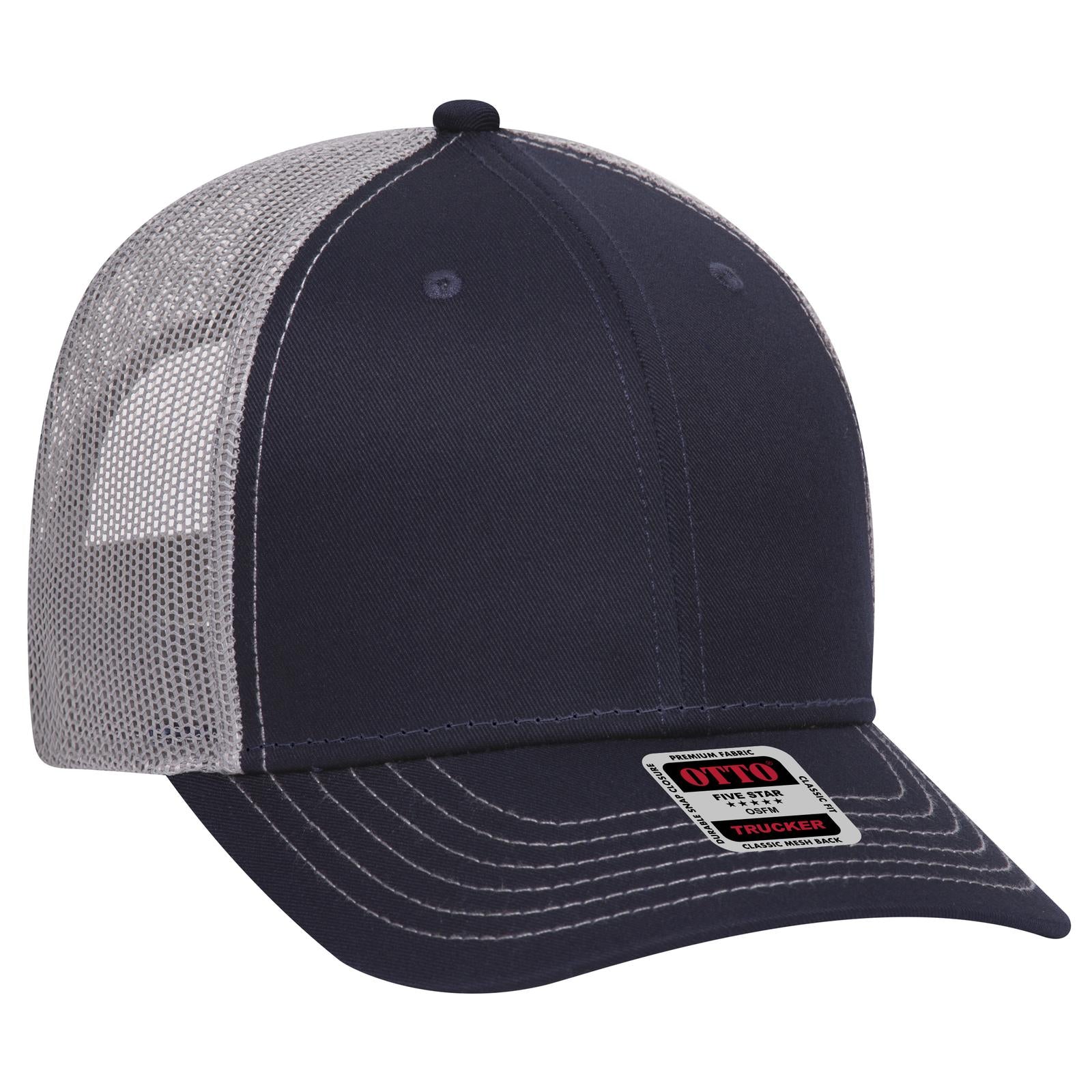 Front View of 040414 - Nvy/Nvy/Gry OTTO CAP 6 Panel Low Profile Mesh Back Trucker Hat