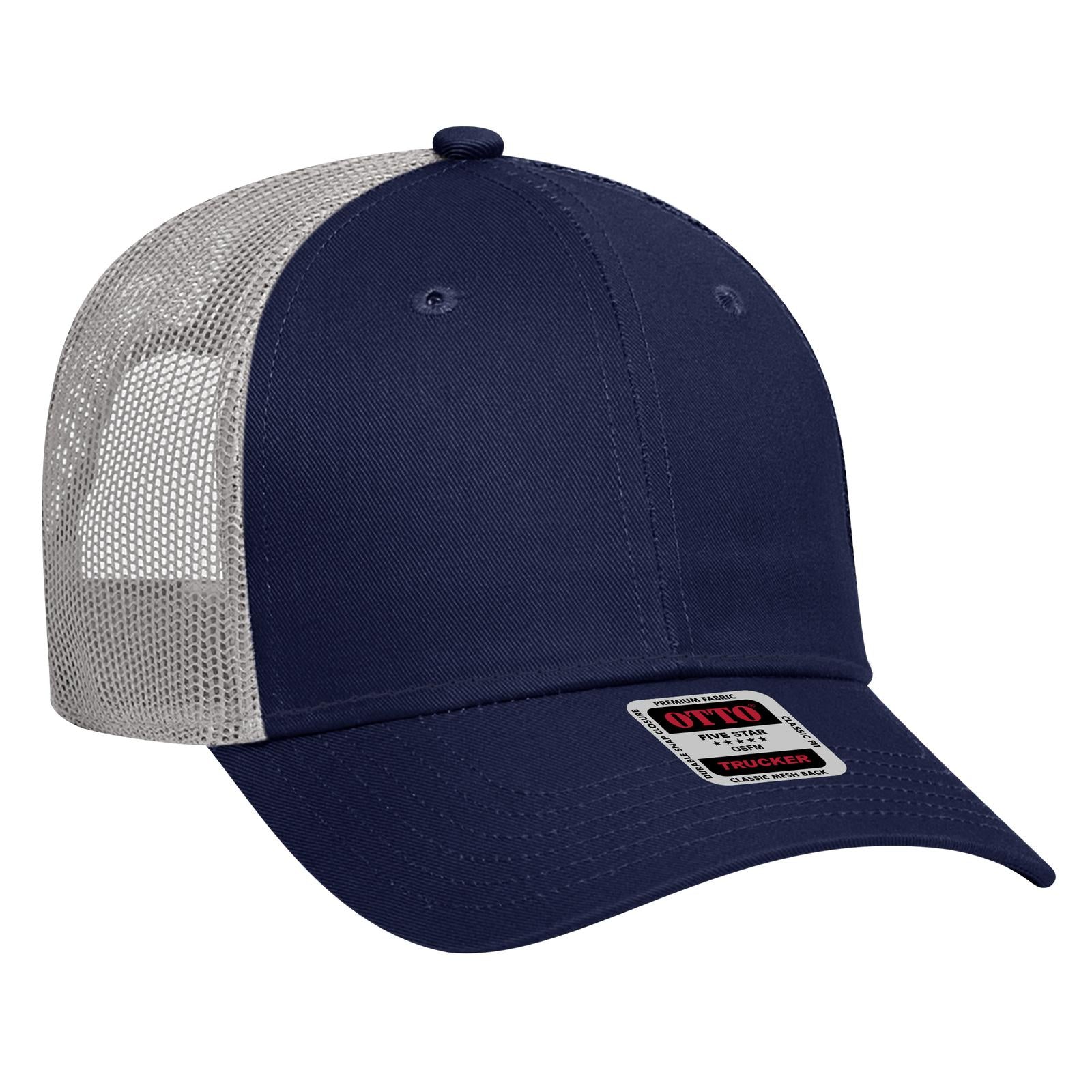 Front View of 040414 - Nvy/Nvy/Gry OTTO CAP 6 Panel Low Profile Mesh Back Trucker Hat