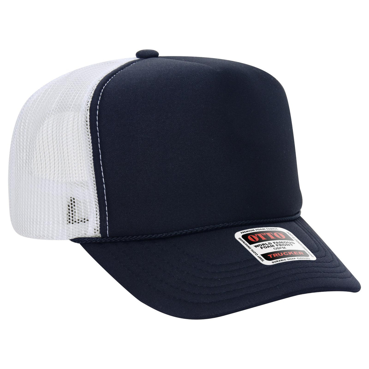 Right View of 040416 - Nvy/Nvy/Wht OTTO CAP 5 Panel High Crown Mesh Back Trucker Hat