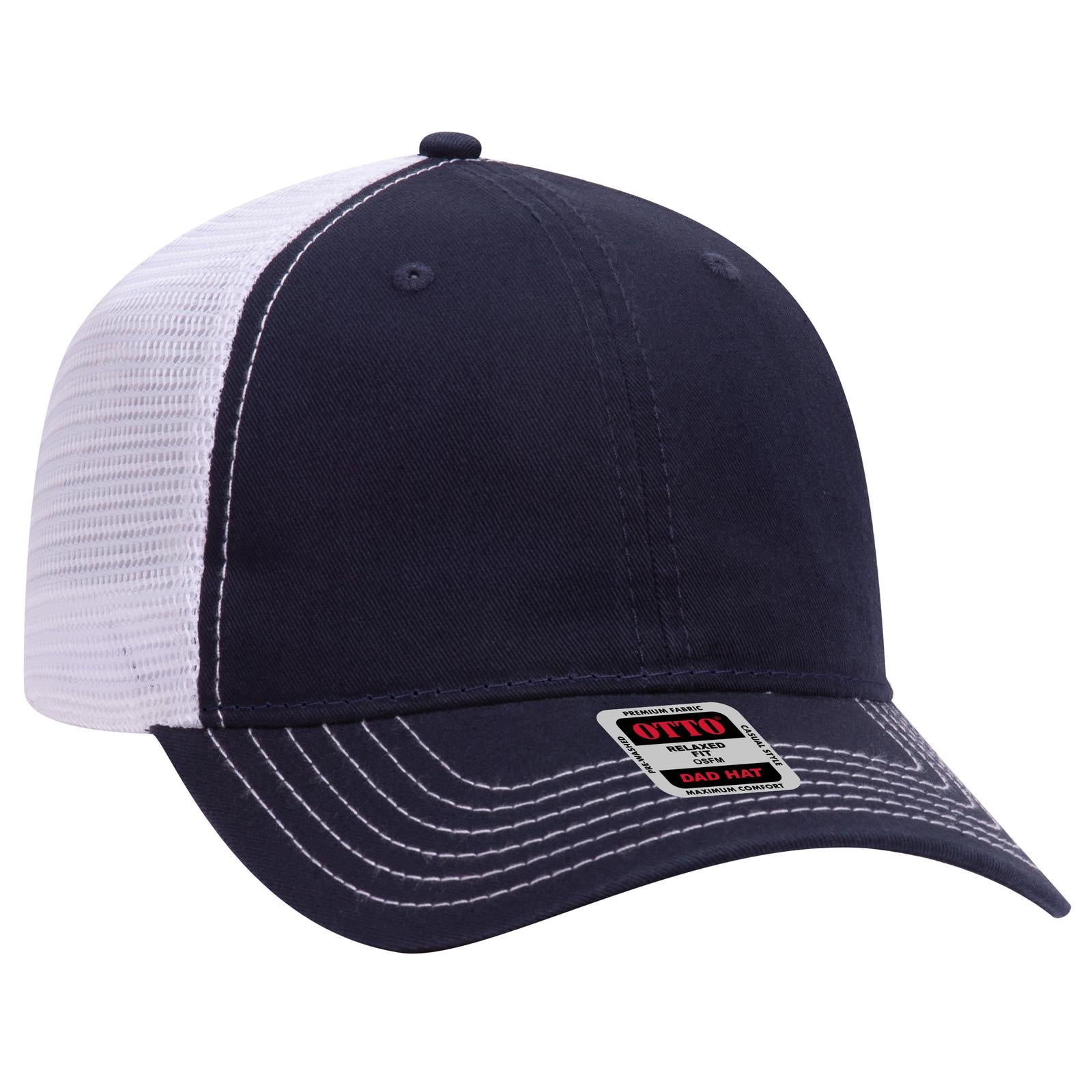Front View of 040416 - Nvy/Nvy/Wht OTTO CAP 6 Panel Low Profile Mesh Back Trucker Dad Hat