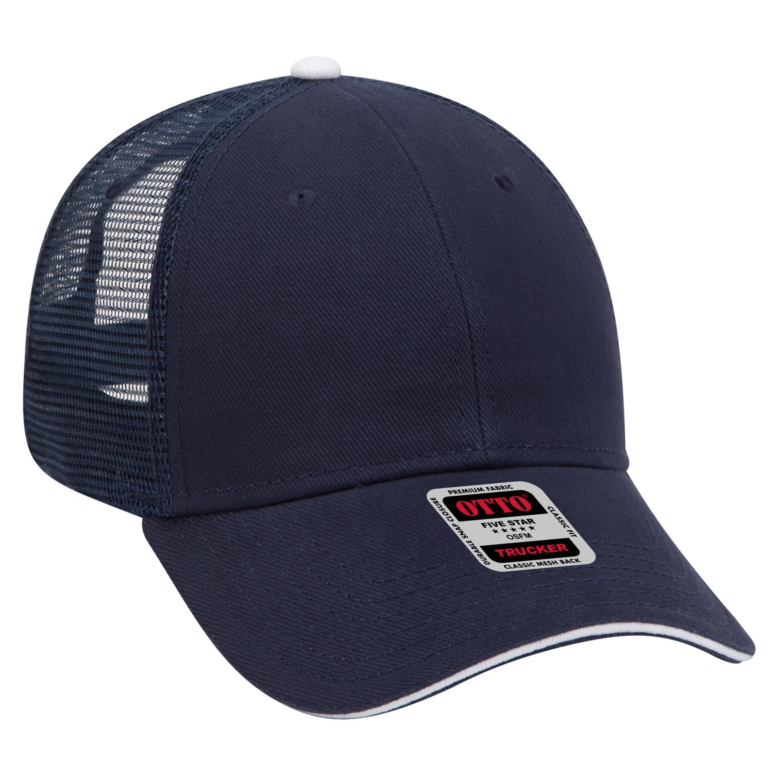Front View of 040416 - Nvy/Nvy/Wht OTTO CAP 6 Panel Low Profile Mesh Back Trucker Hat