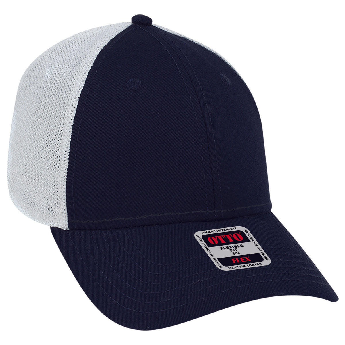 Right View of 040416 - Nvy/Nvy/Wht OTTO CAP "OTTO FLEX" Fitted 6 Panel Low Profile Mesh Back Trucker Hat