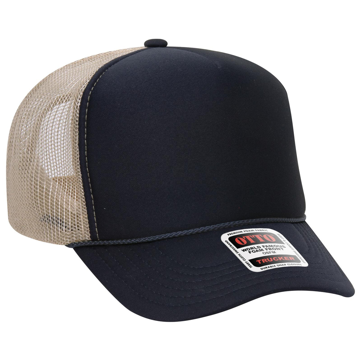 Right View of 040432 - Nvy/Nvy/Kha OTTO CAP 5 Panel High Crown Mesh Back Trucker Hat